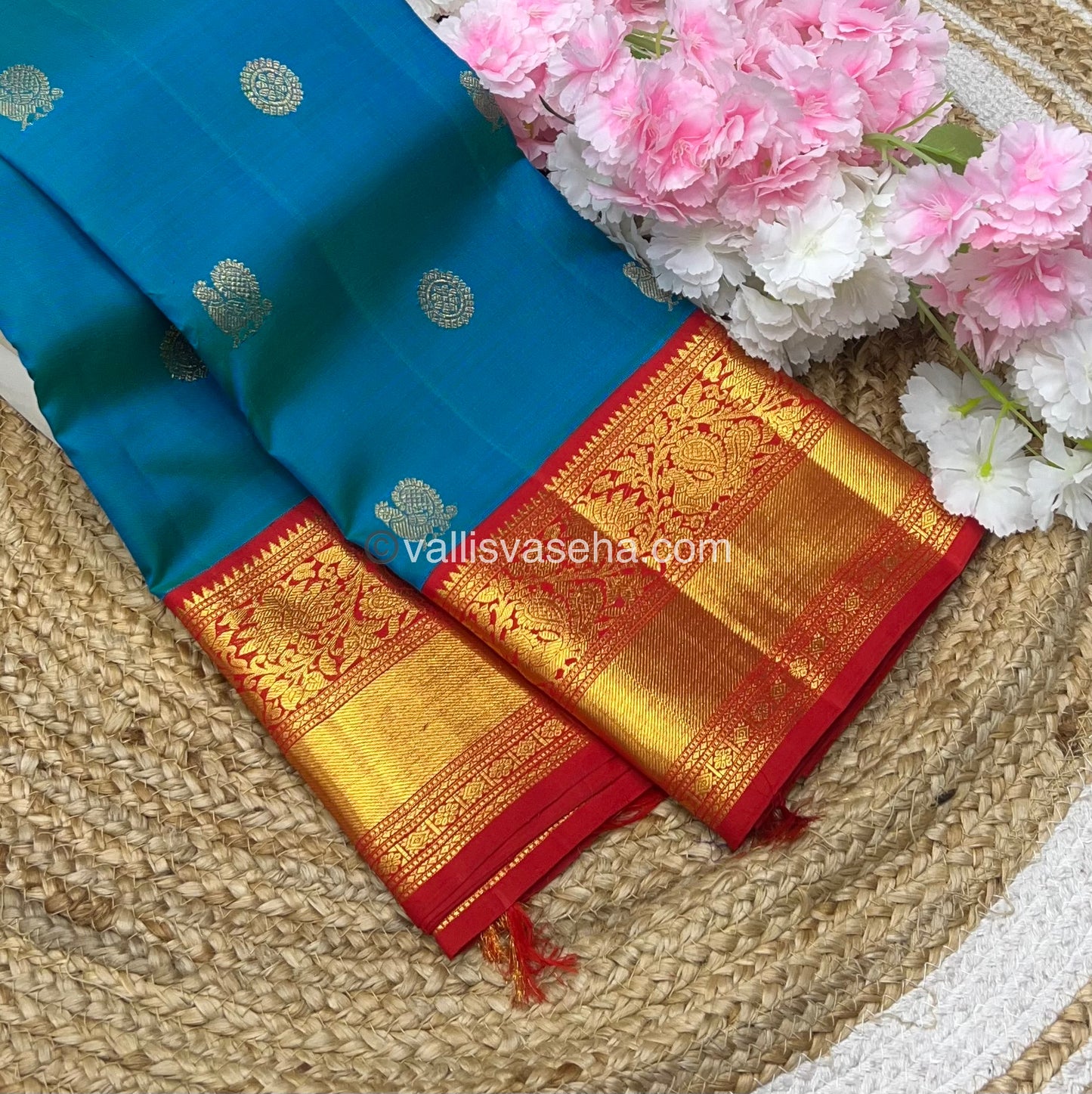 Pure Kanchipuram Silk Saree - Blue with Reddish Orange Shade - VVPS010
