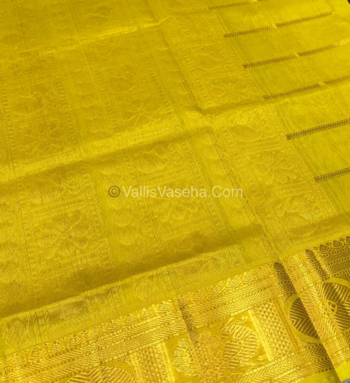 Pure Silk Cotton Saree - Mayil & Chakkaram Design - Brown With Yellow Combo -VVMC003