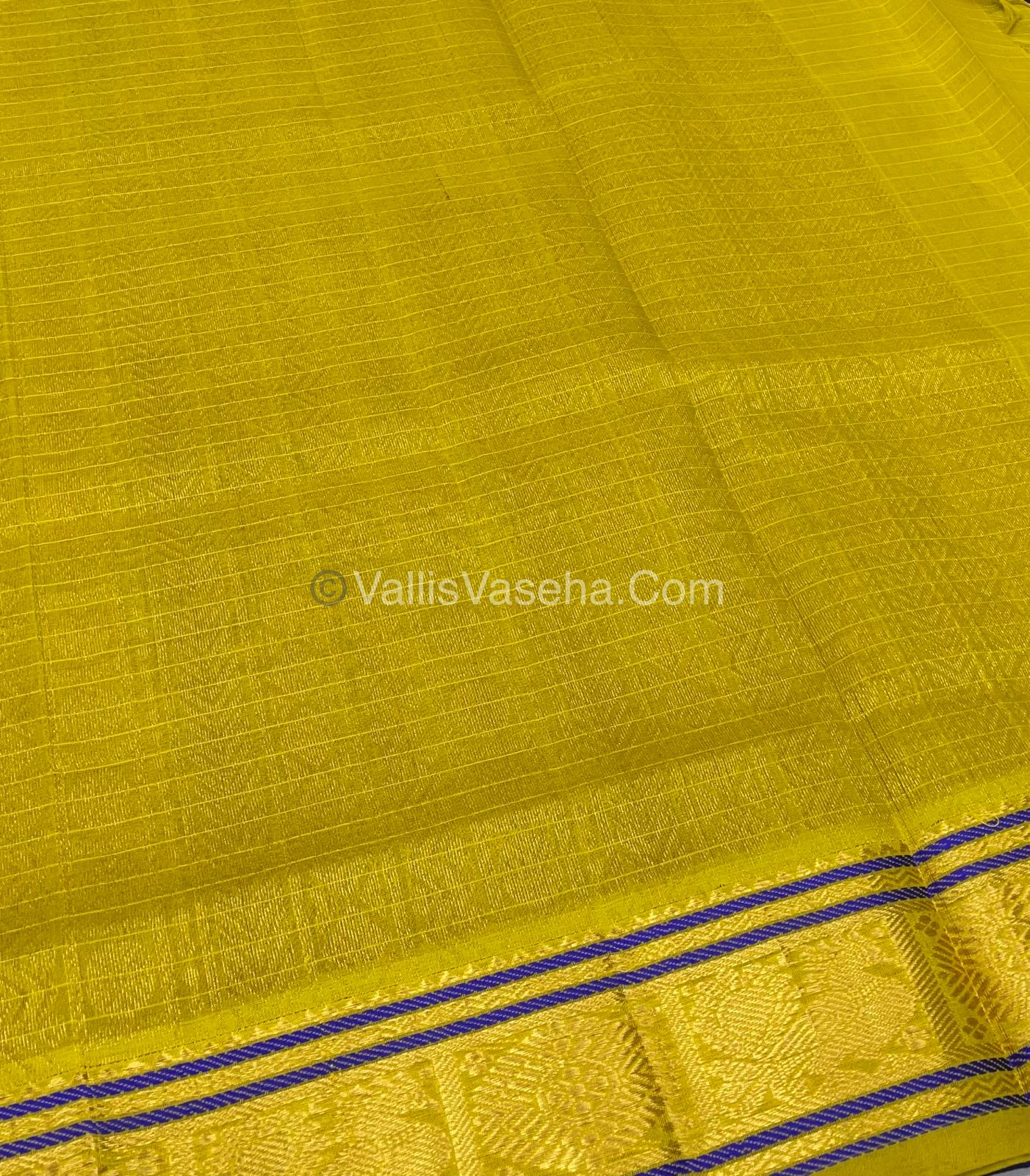 Pure Silk Cotton Saree - Blue with Lemon Yellow - Lakshadeepam Design - VVPLD001