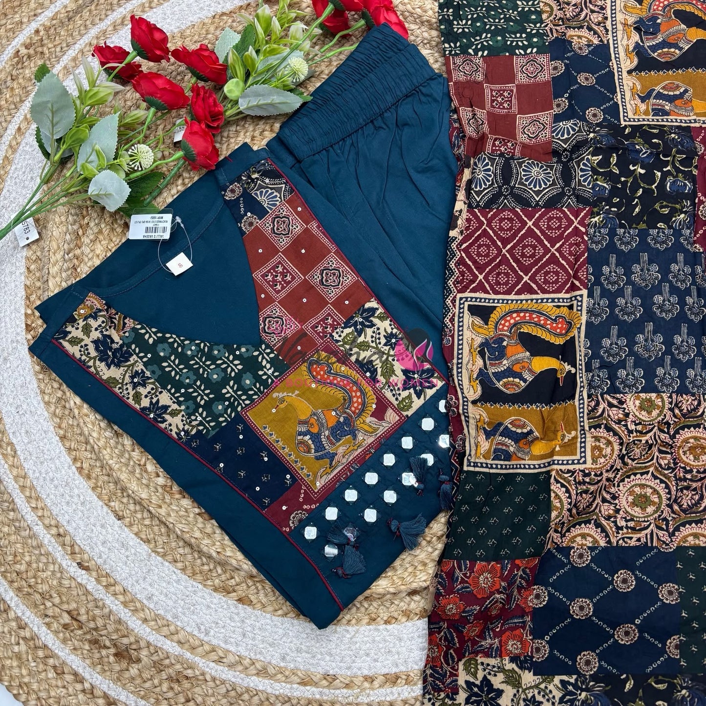 Readymade 3pc Set - Ramar Blue - V Neck Kalamkari / Ajrakh Design - VVRMS010