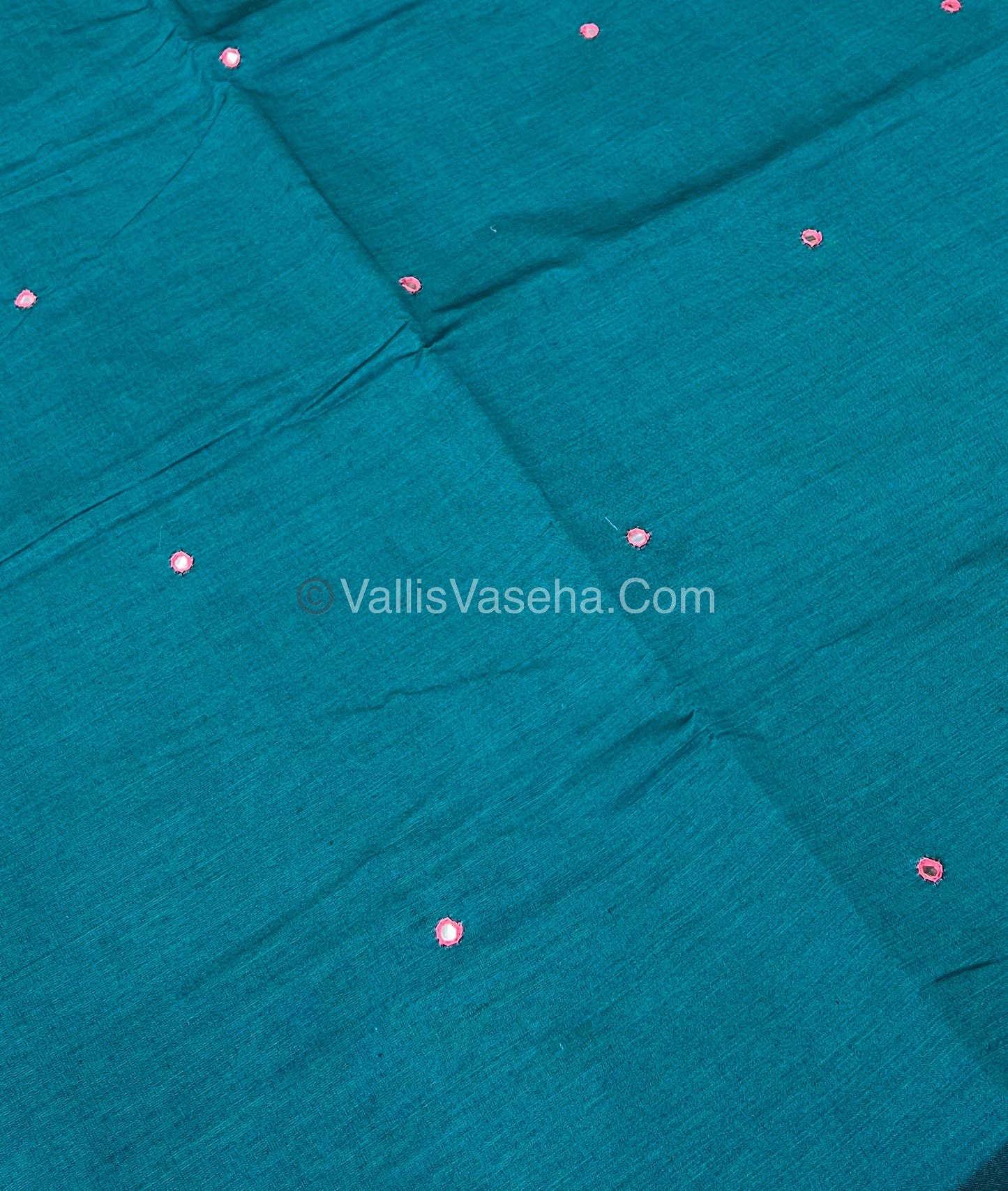 South Mixed Cotton - Mirror Work Embroidery - Bluish Green with Pink - VVPCM002