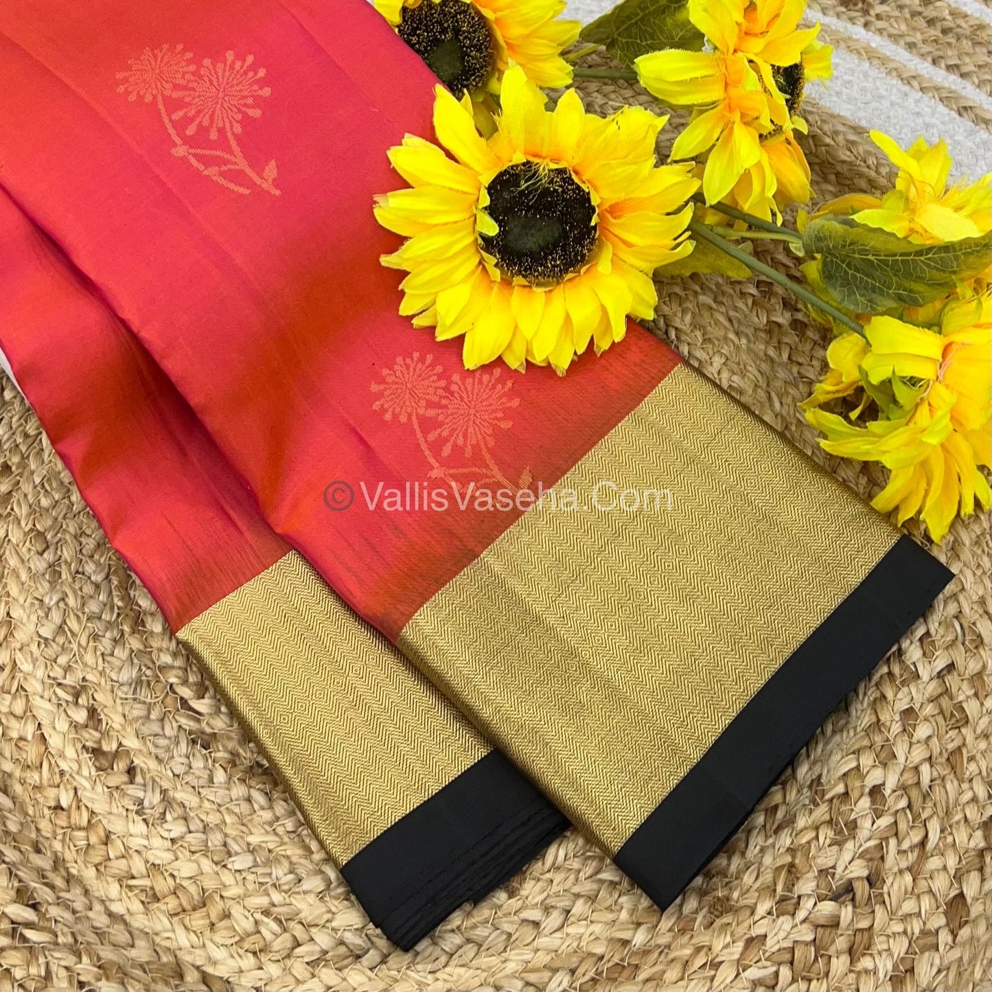 Pure Soft Silk Saree - Peachish Orange & Black Combo - VVPSS036