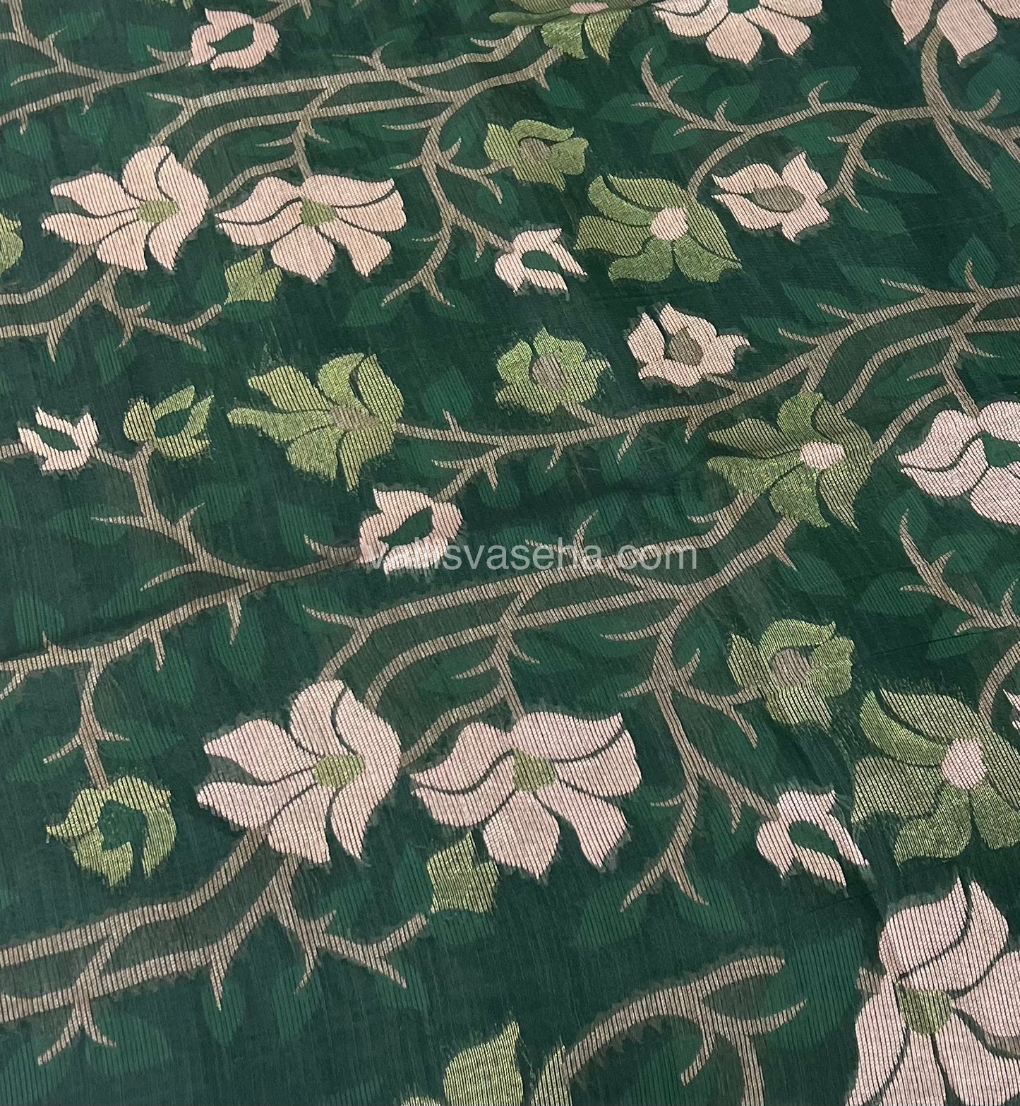 Semi Raw Silk with Jamdhani Design Weaving -Dark green Shade - VVRS001
