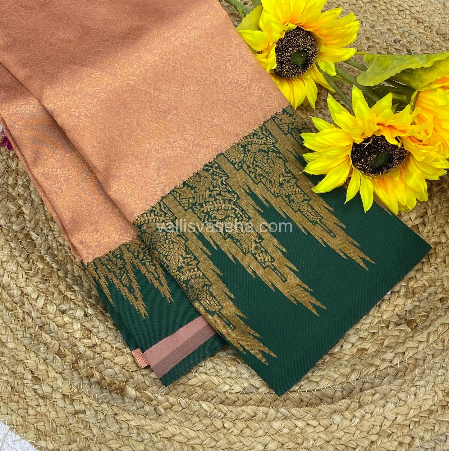 Kanchi Semi Silk - Peach with Green - Temple Border - VVKSS001