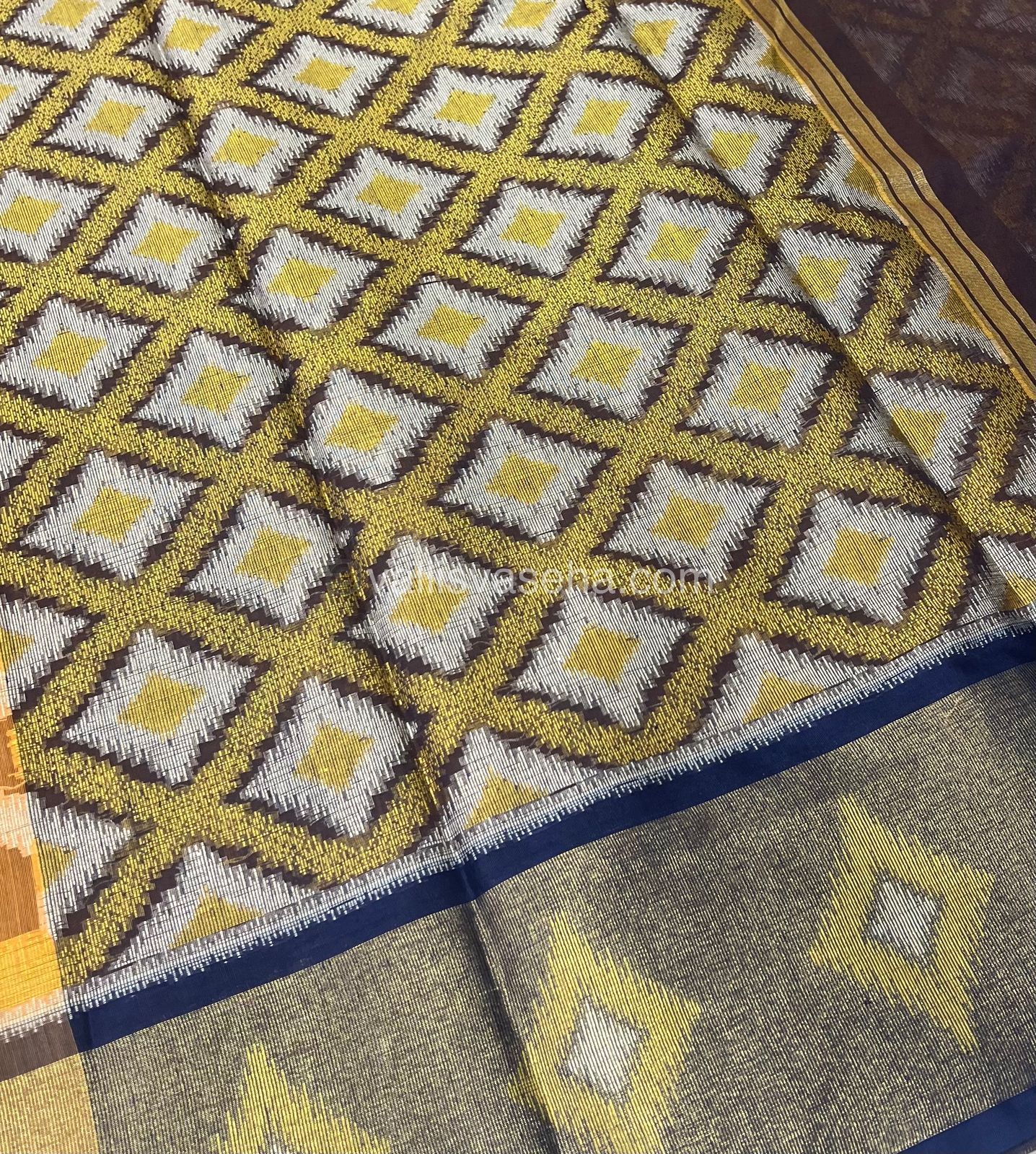 Banarasi Pochampally Weaving Semi Soft Cotton Saree - Yellow with Navy Blue - VVBPS001