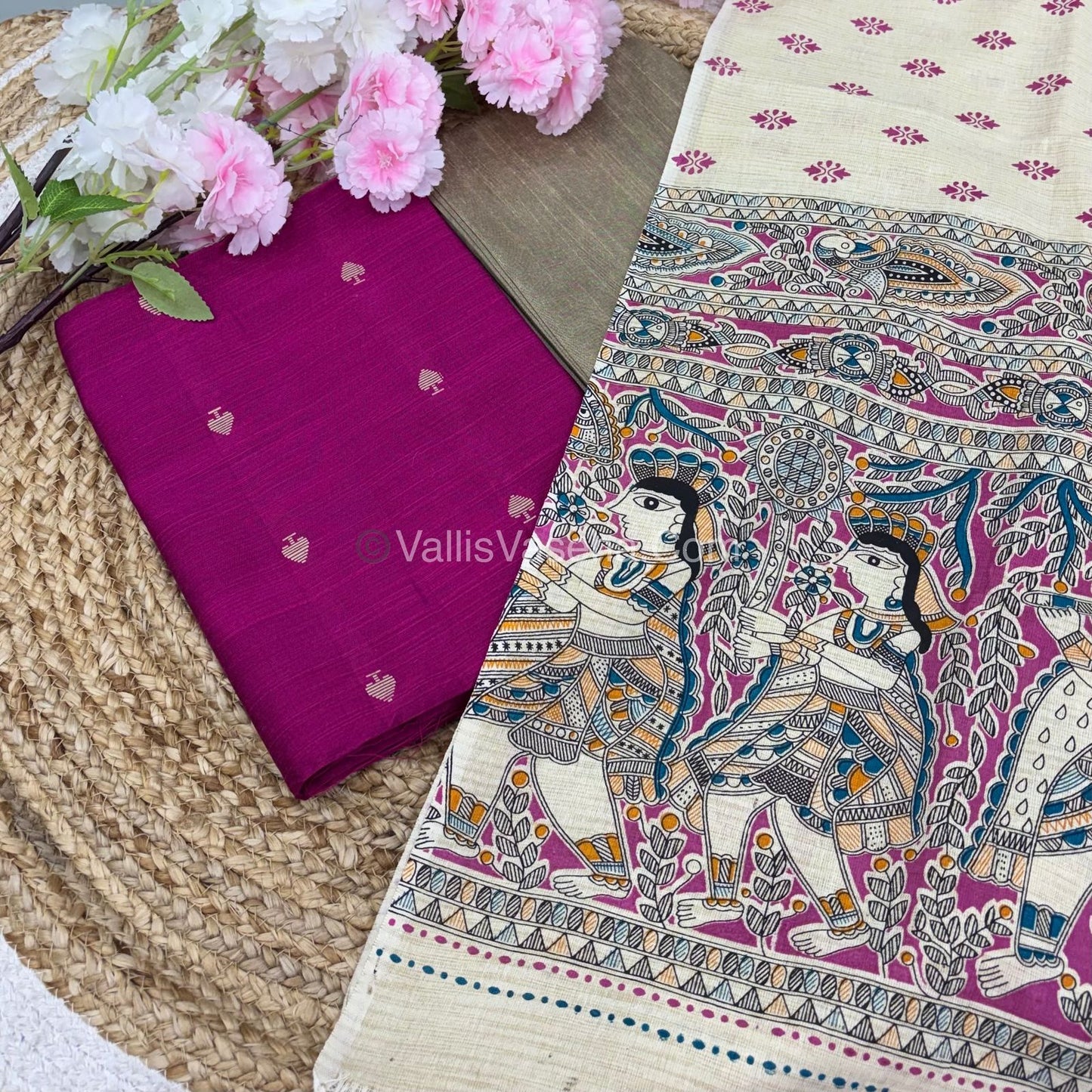 Unstitched Salwar Material -Raw Silk - Rani Pink & Cream Shade - VVUSM013