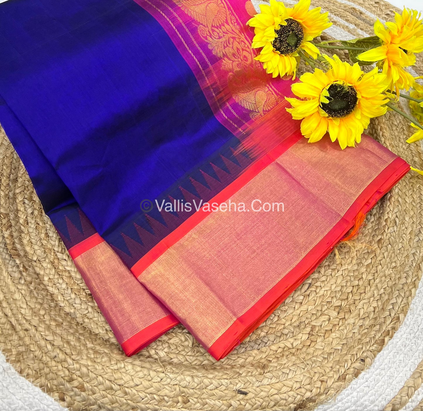 Pure Korvai Silk Cotton Saree - Blue With Peach Shade Temple border - VVKSC001