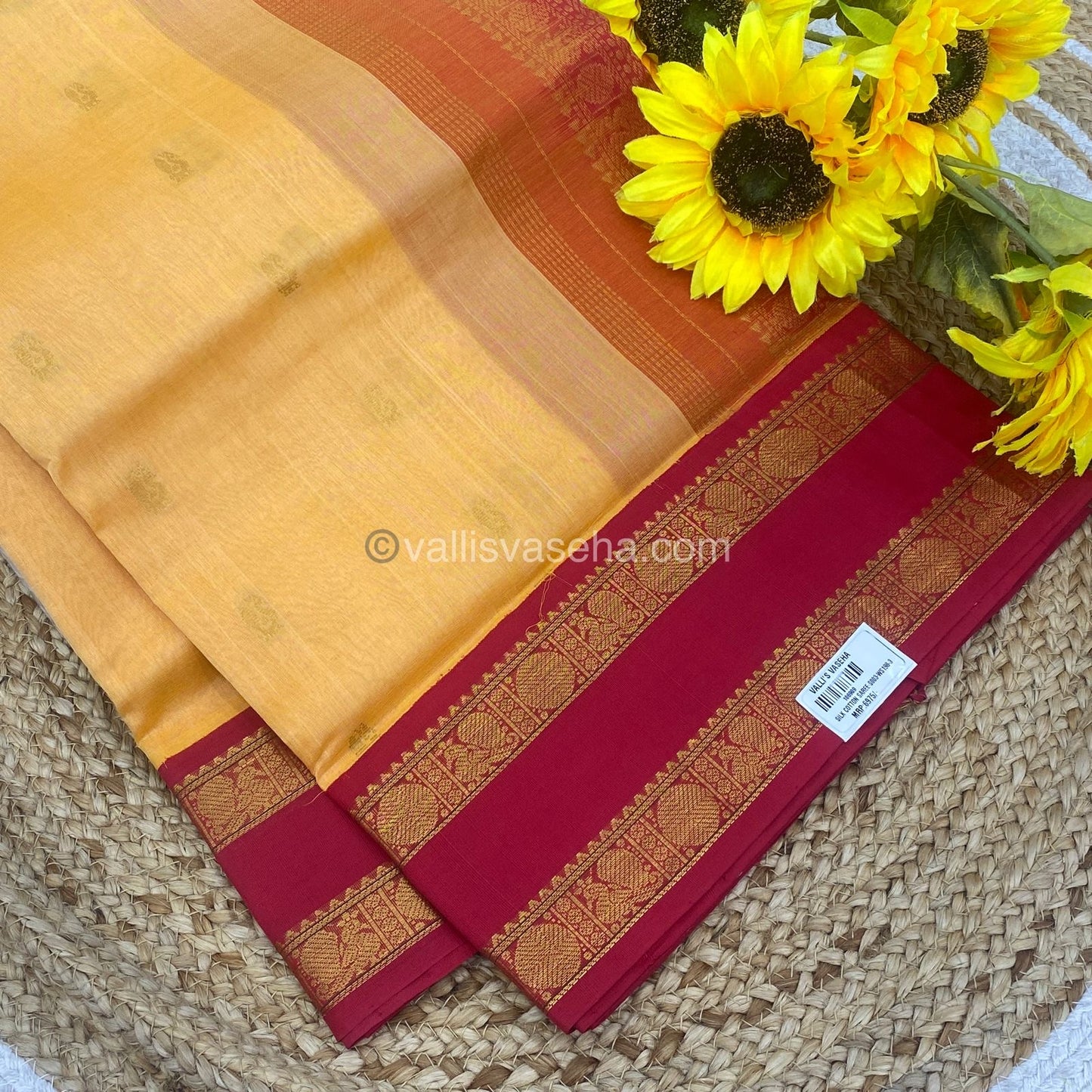 Pure Korvai Silk Cotton Saree - Dark Creamish Gold with Red - Retta Petta border - VVKSC004