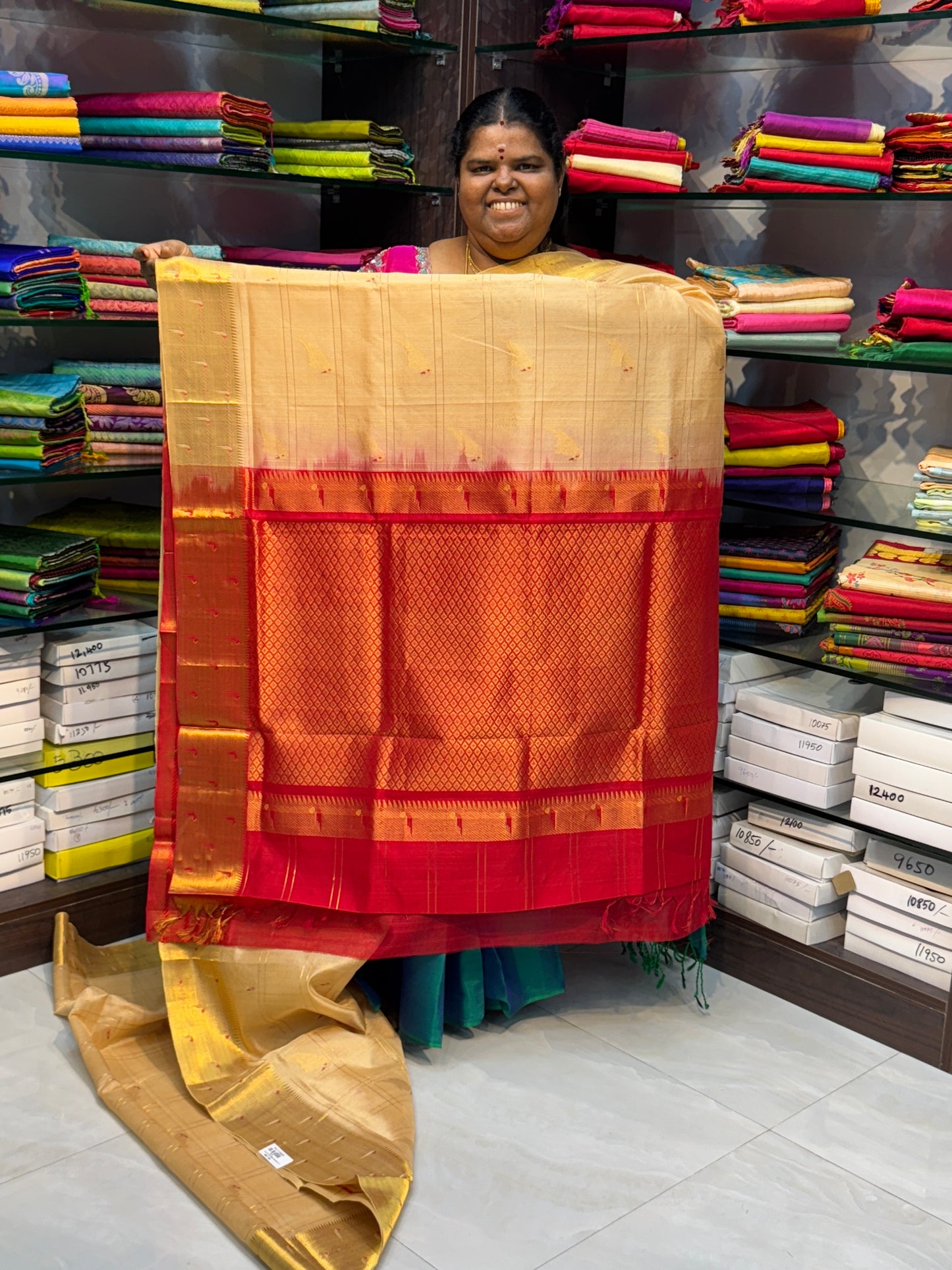 Pure Silk Cotton Saree - Paithani border - Cream & Red Combo - VVPSC001