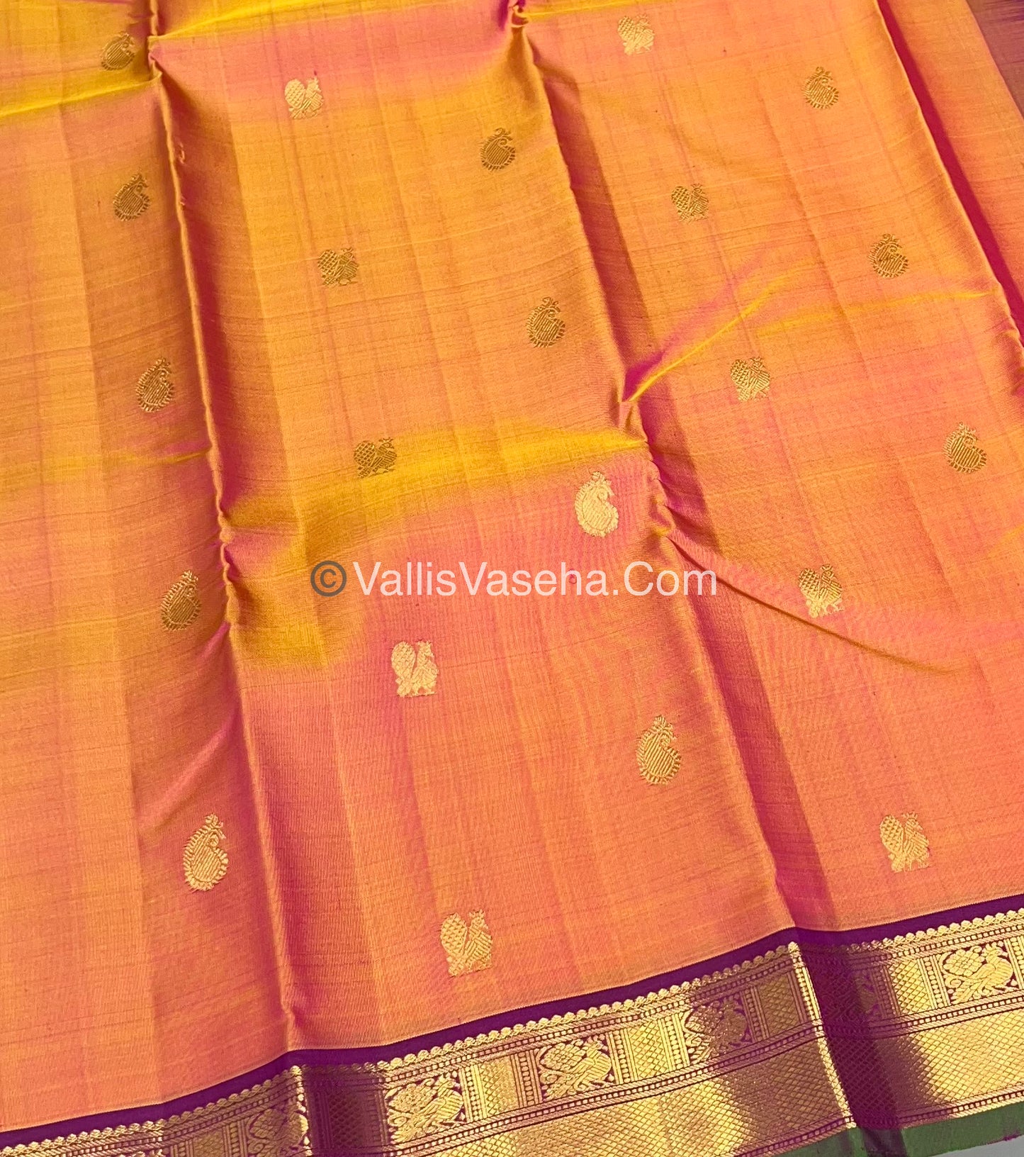 Pure Kanchipuram Silk Saree - Peach Gold & Purplish Pink Combo - VVPS014