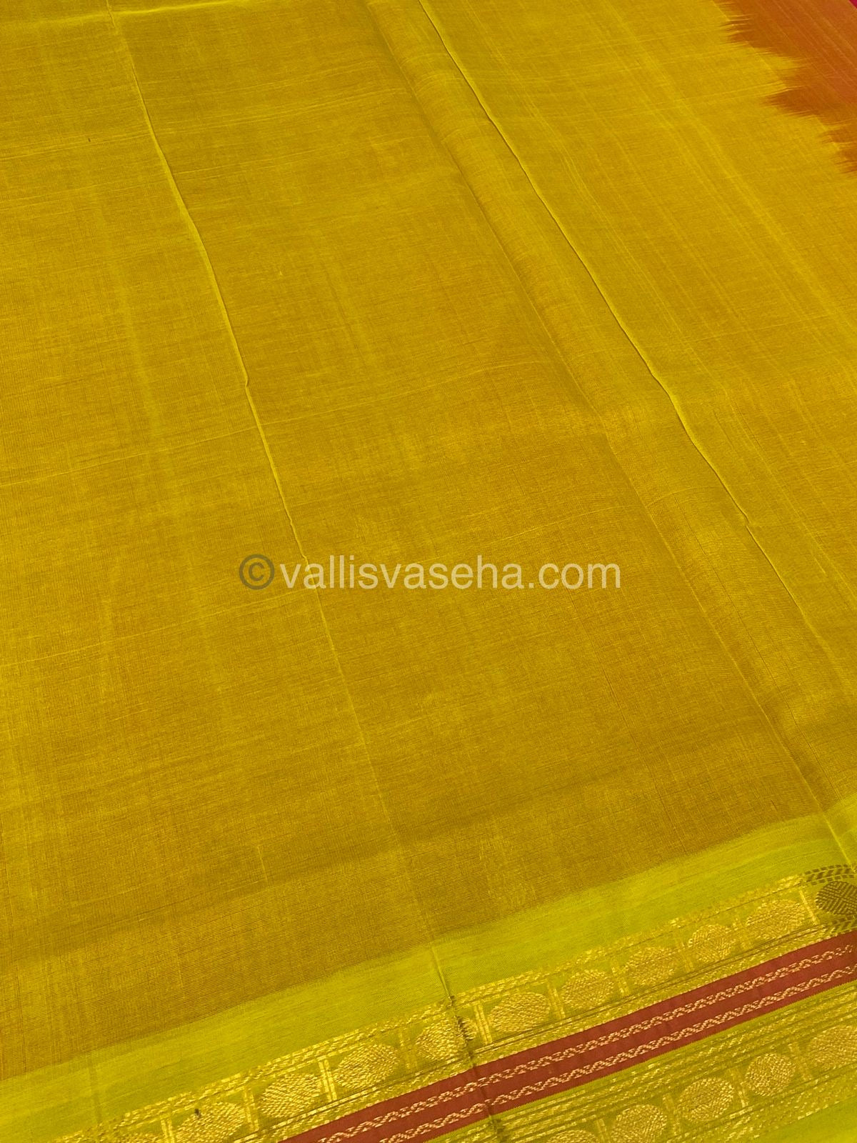 Pure Korvai Silk Cotton Saree - Red with Lemon Yellow - VVKSC004