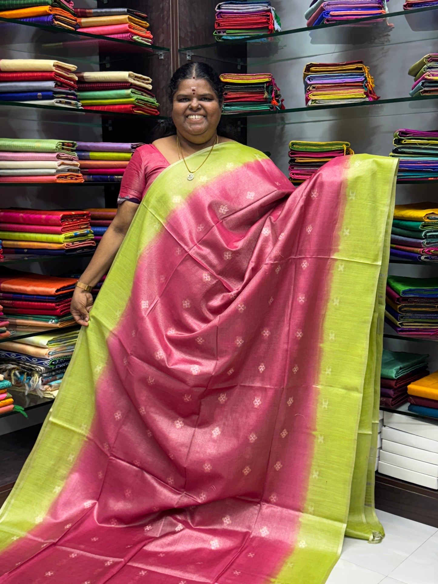 Bhagalpuri Silk - Vaira Voosi Lines -Pink & Green Combo - VVBSV001