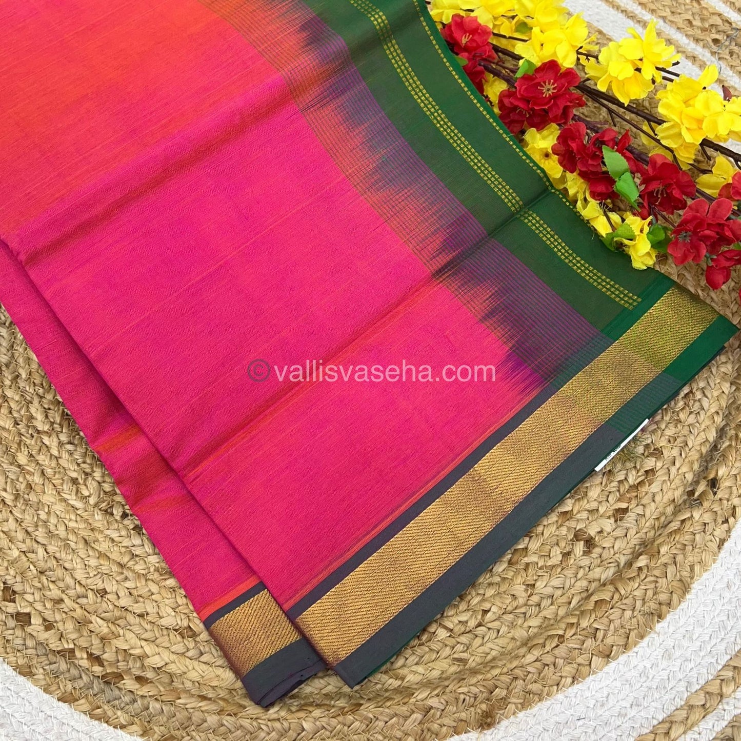 Pure Silk Cotton Sarees - Pink With Green - VVPSC003