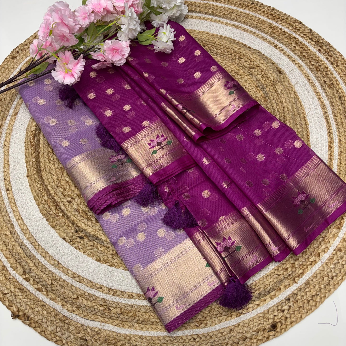 Unstitched - Lehenga Material - Zari Kota Tissue - Lavender & Purple - VVULM001