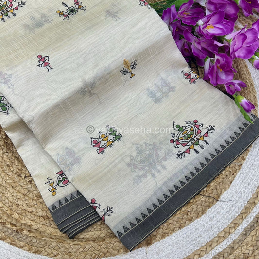 Semi Tussar Embroidery - Cream with Greyish Black Combo - VVSTE001