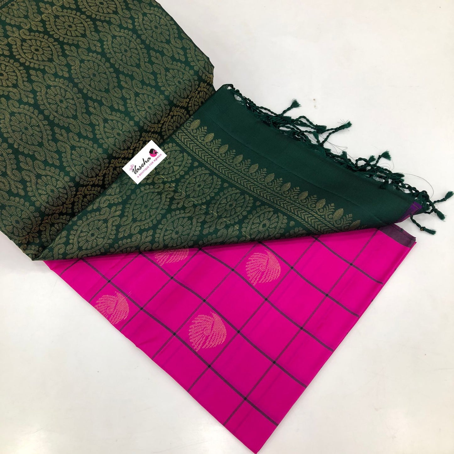 Pink with Green Combo - Pure Soft Silk Saree - VVPSS002