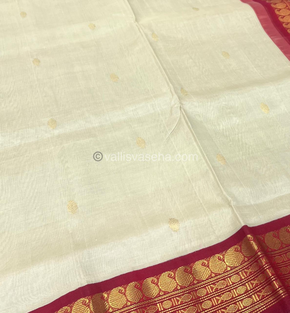 Pure Korvai Silk Cotton Saree - Creamish Ivory with Merunish Red Combo - VVKSC004