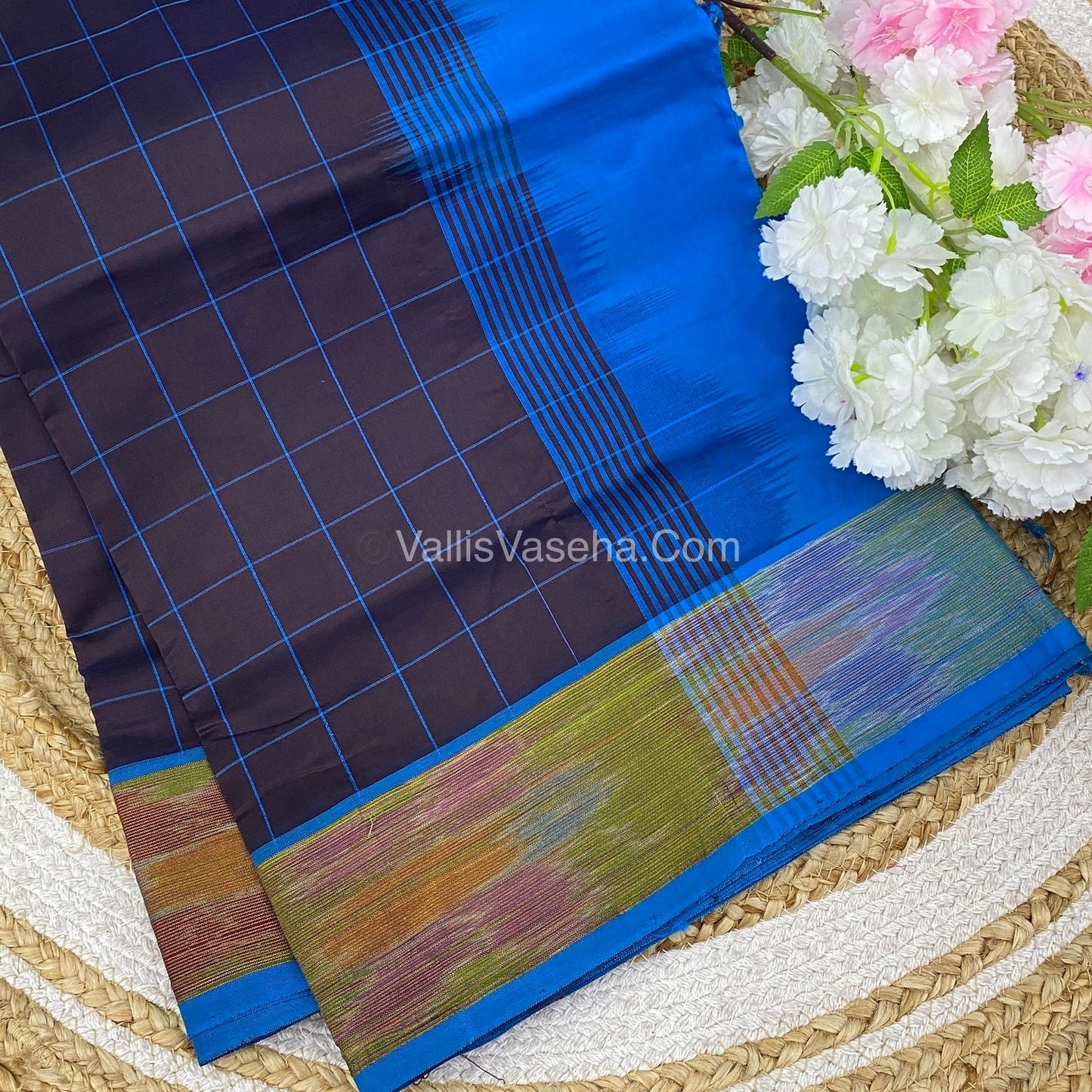 Semi Silk Cotton Saree - Brown & Blue - VVSSC001