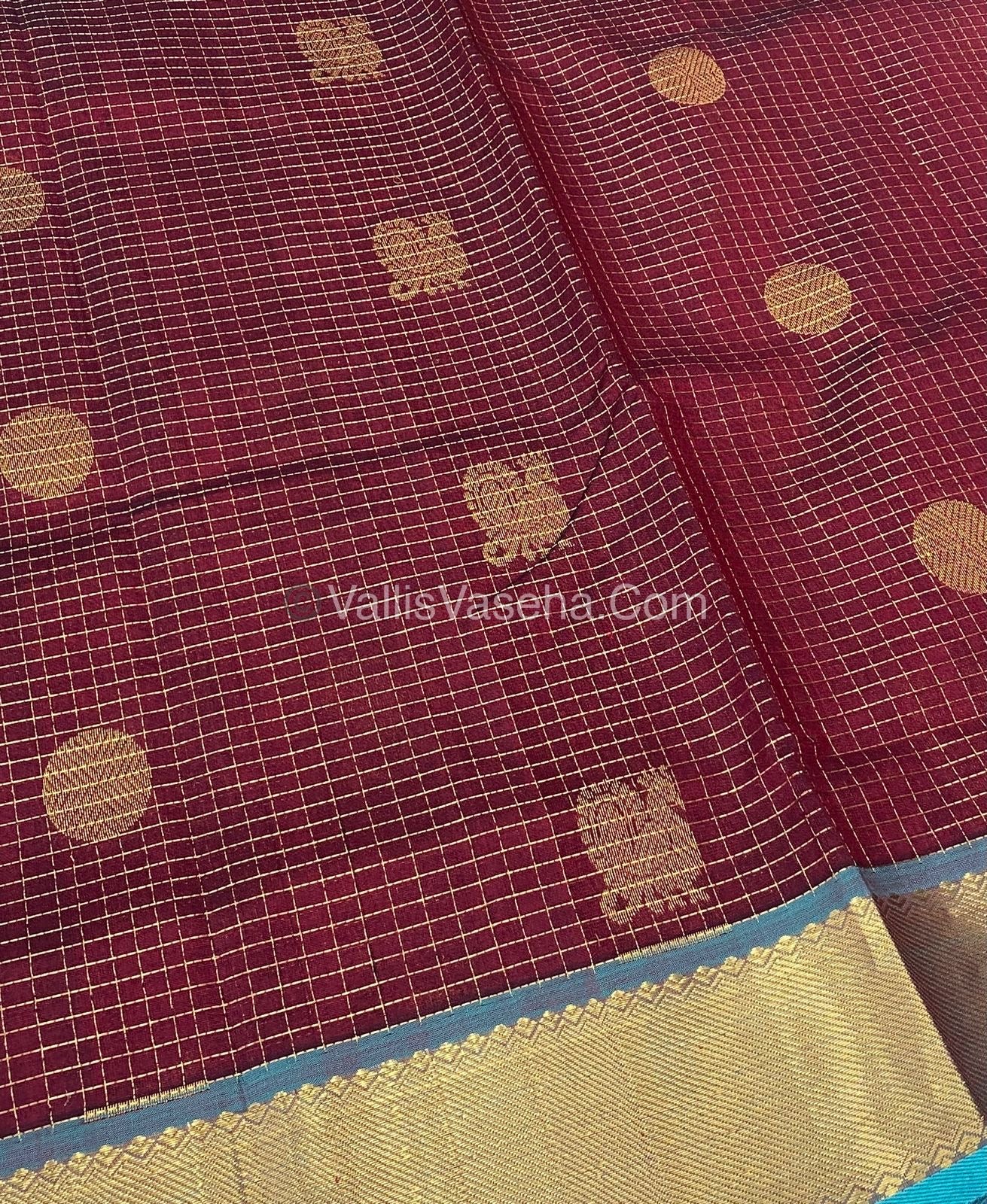 Pure Silk Cotton Saree - Mayil & Chakkaram Design - Maroon with Turquoise Blue - VVMC002