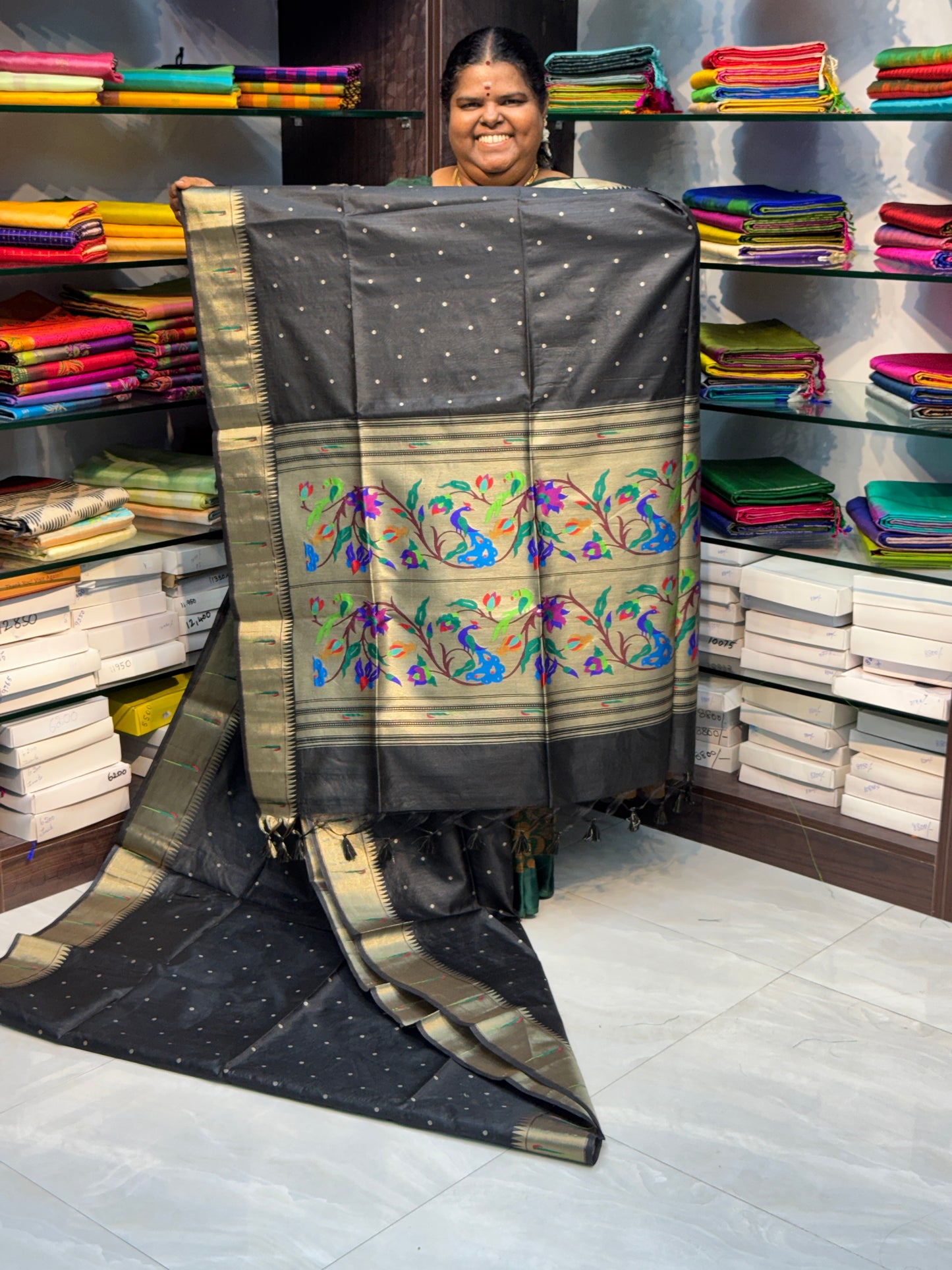 Semi Raw Silk - Paithani Design Weaving - Black Shade - VVRS005