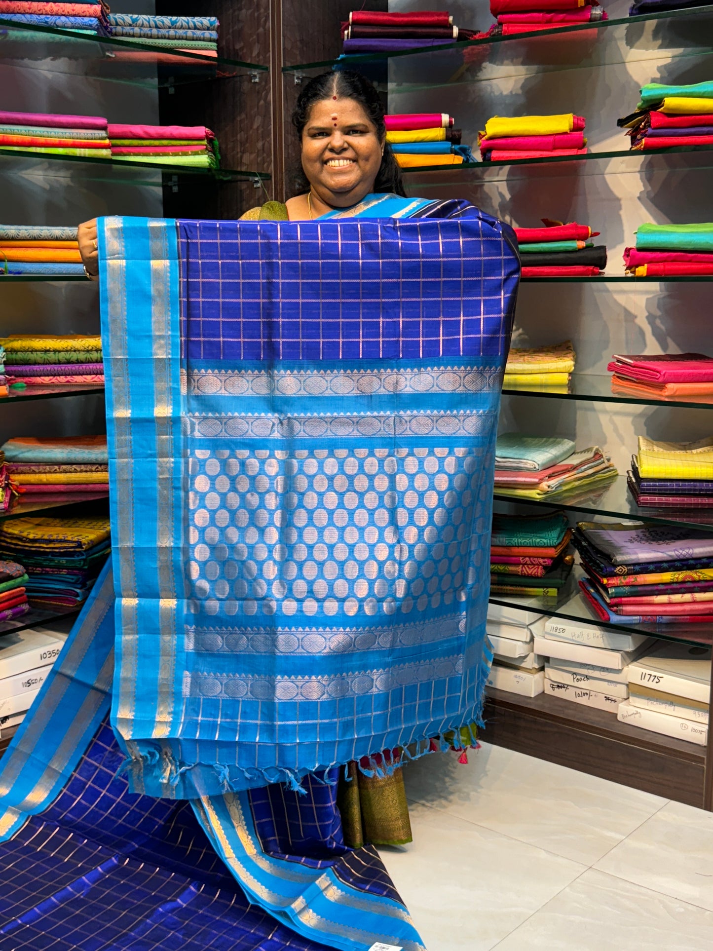 Pure Korvai Silk Cotton With Retta Petta Border - Checks pattern - Blue & Blue - VVKSC013