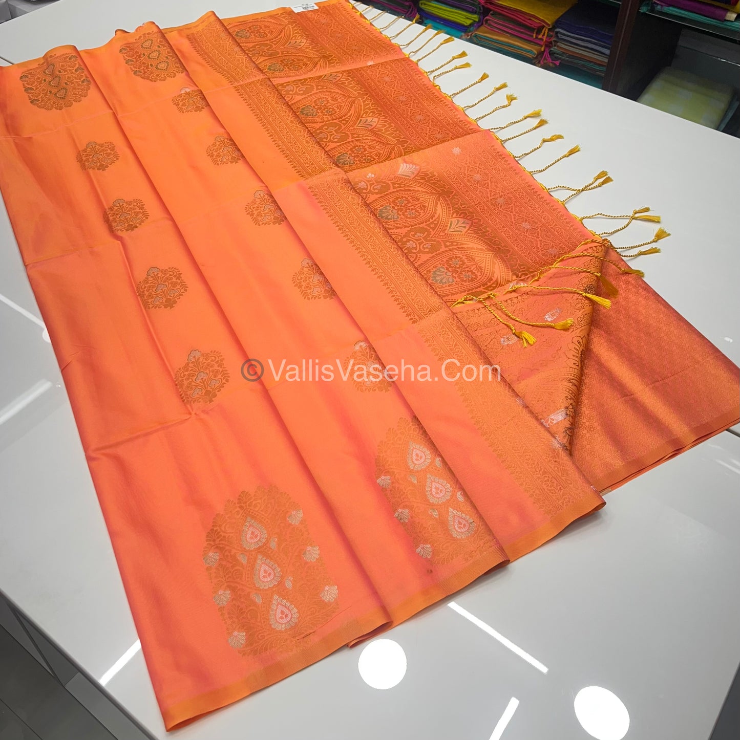 Semi Soft Silk - Border Butta - Peach Mixed Gold Shade -VVSSS010