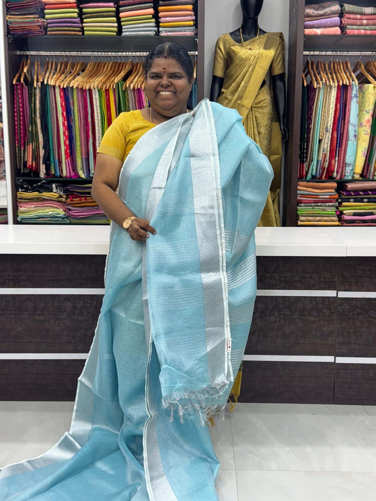 Tissue Linen Saree - Light Blue Shade - VVTLS001