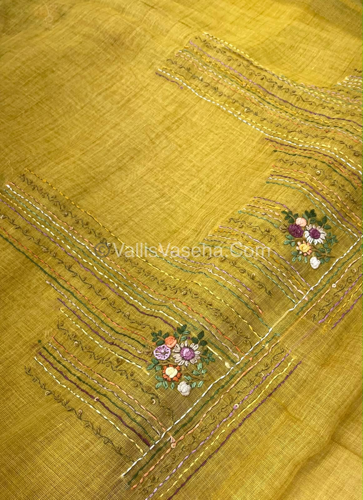 French Knot - Linen Tissue Saree - Mustard Green Shade - Heavy Work Blouse - VVLFN012
