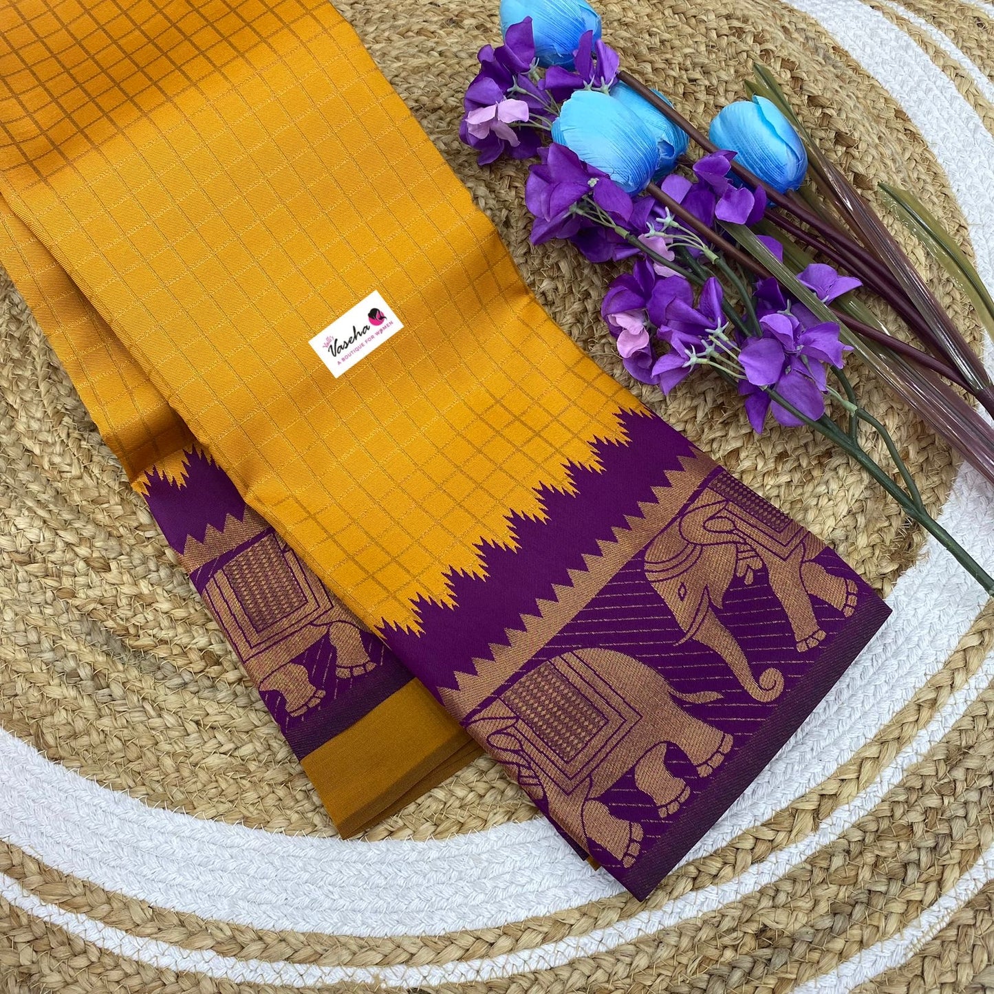 Semi Silk Saree - Kanchi Silk Style - Elephant Border - Dark Yellow with Purple - VVSSS005