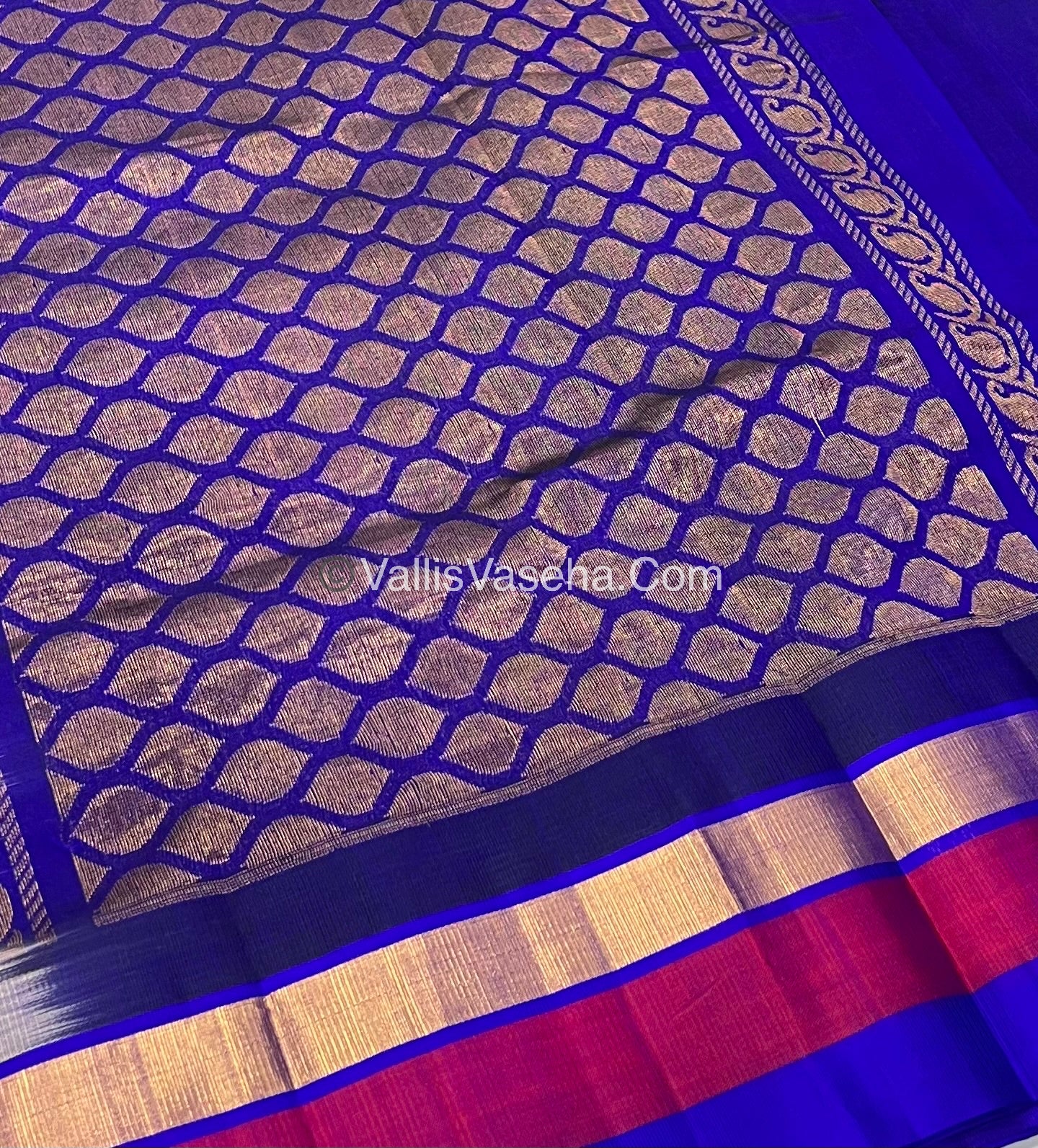 Pure Korvai Silk Cotton Saree - Cream With Blue Shade Temple border - VVKSC001