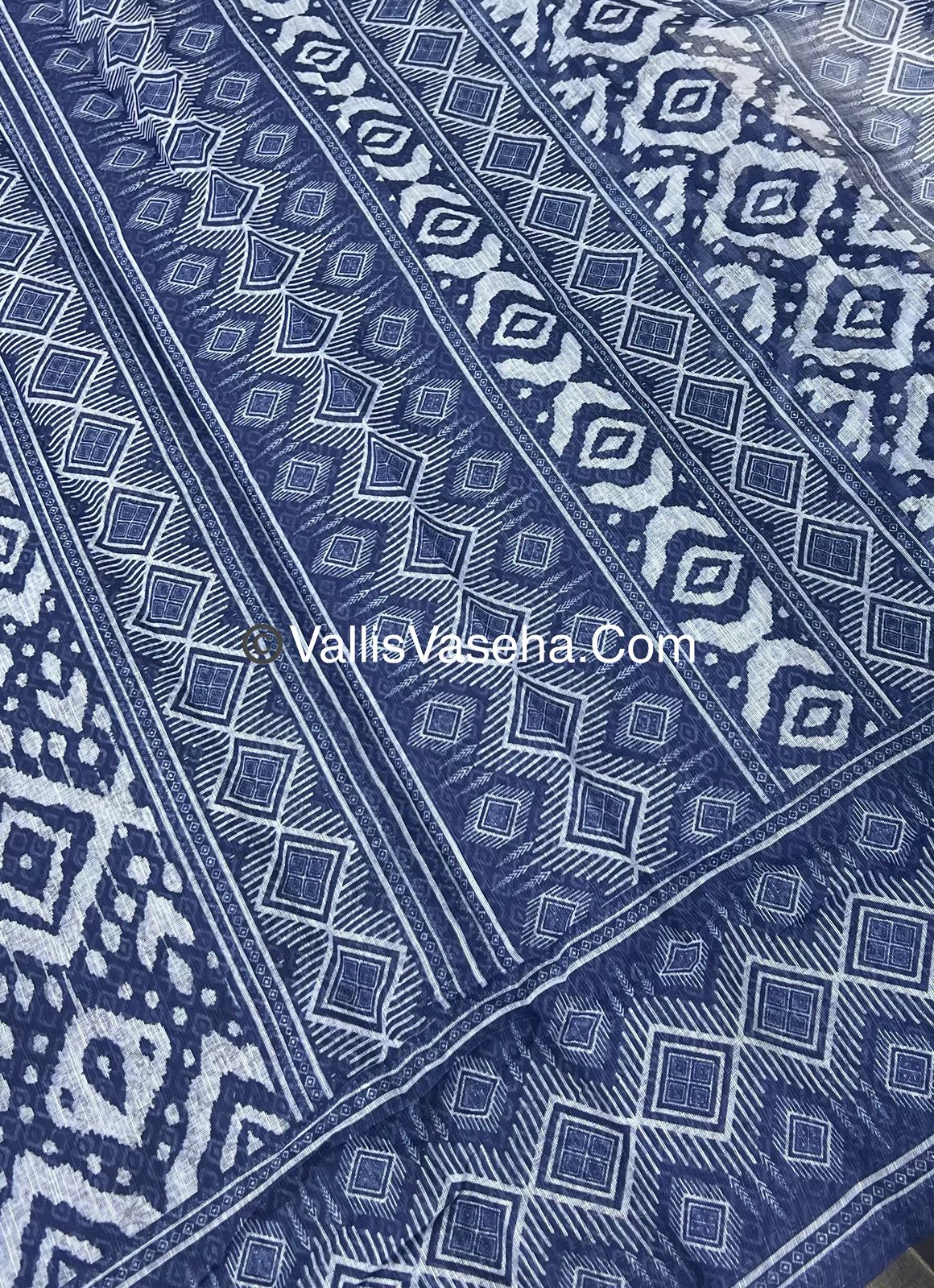 Linen Mixed Cotton Saree - Indigo Blue - Printed - VVLMP001