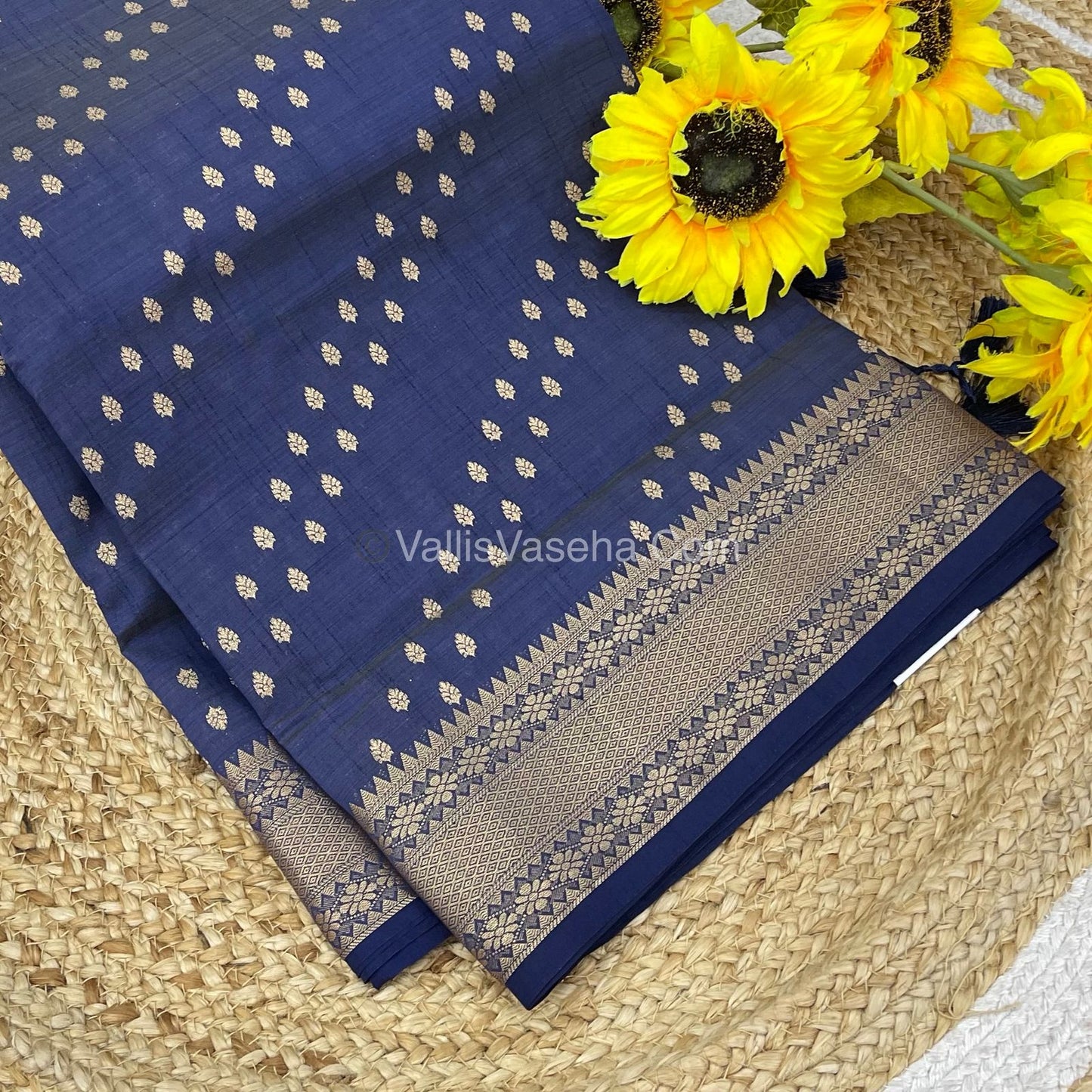 Semi Tussar Silk - Grand Pallu  - Navy Blue Shade - VVSTS017
