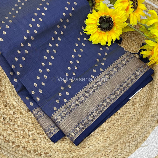 Semi Tussar Silk - Grand Pallu  - Navy Blue Shade - VVSTS017