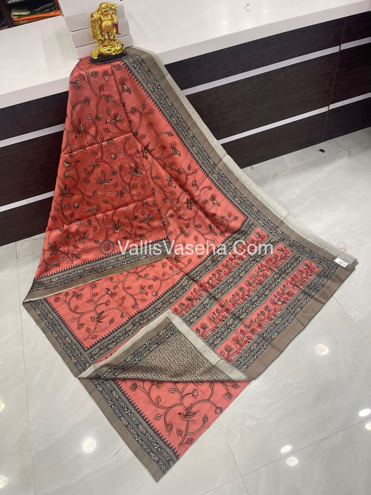 Semi Tussar - Kantha Work Embroidery - Orangish Peach Shade - VVSTK001