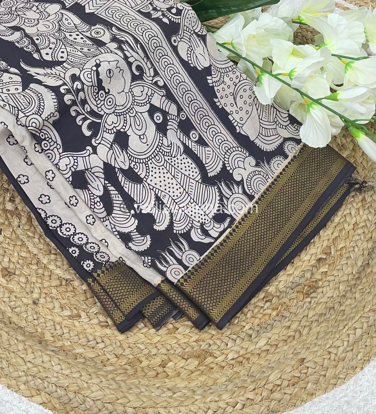 Chennur Silk | Kalamkari Prints | Black With White -VVCS005