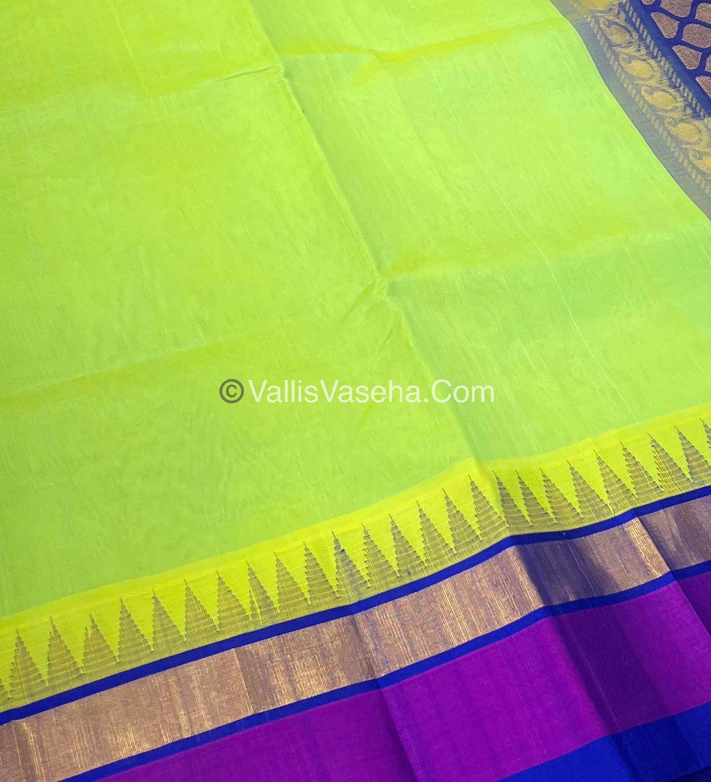 Pure Korvai Silk Cotton Saree - Green With Blue Shade Temple border - VVKSC001