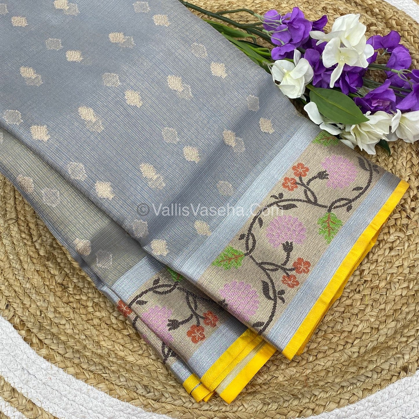 Kota Saree - Paithani Border - Grey with Yellow - VVKPS001