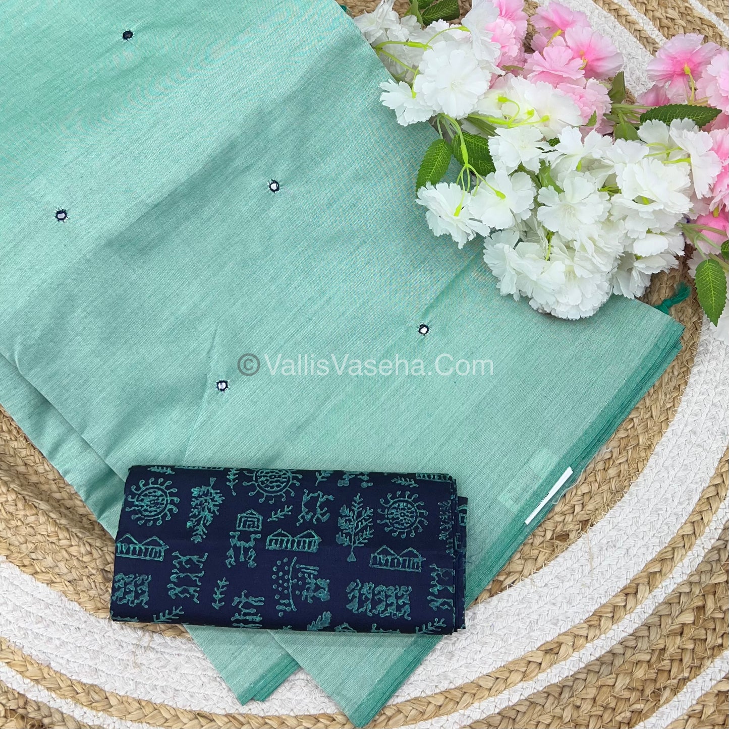 South Mixed Cotton - Mirror Work Embroidery - Light Pastel Green With Blue - VVPCM002