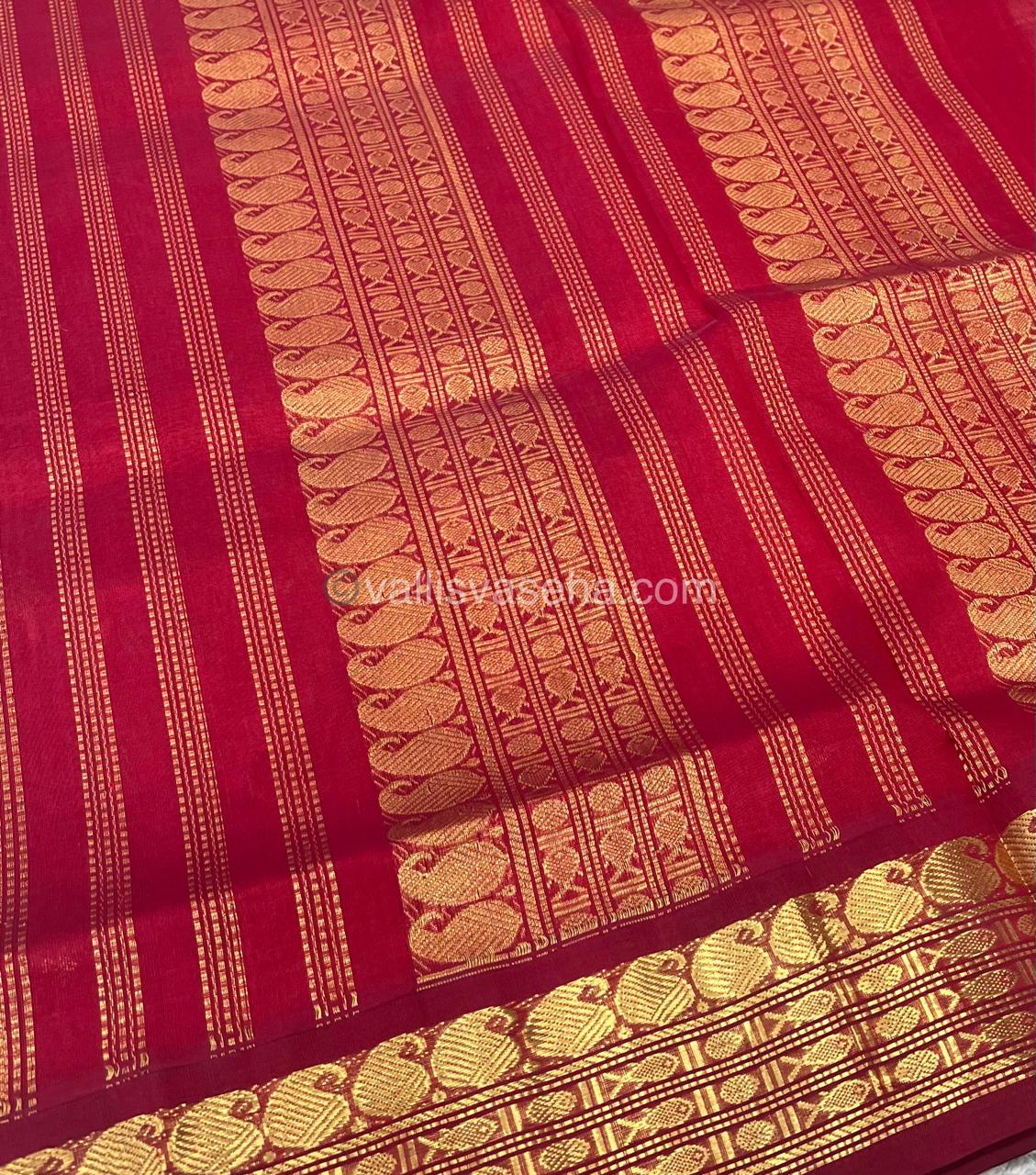 Pure Korvai Silk Cotton Saree - Creamish Ivory with Merunish Red Combo - VVKSC004