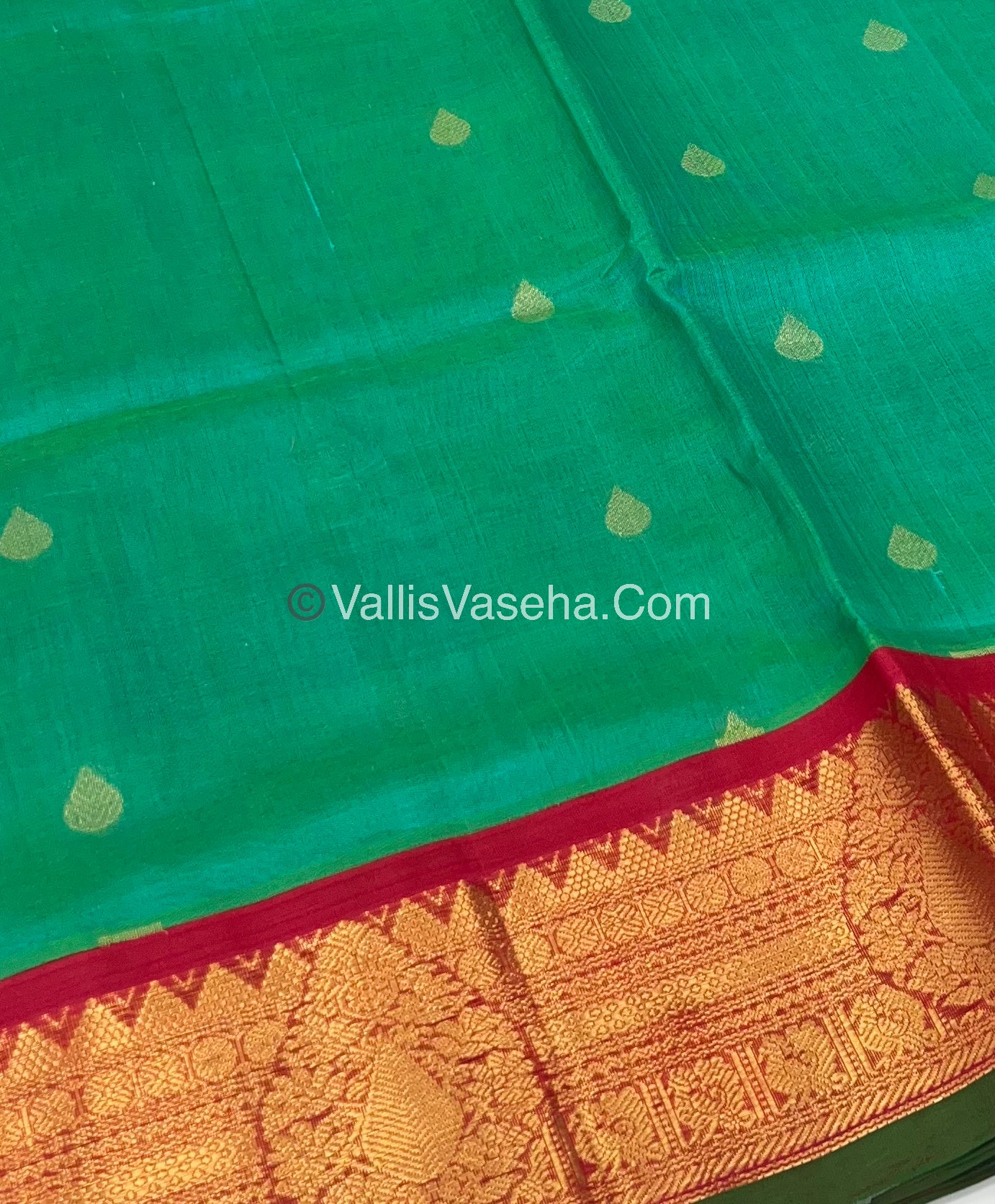 Pure Korvai Silk Cotton Saree - Turquoise Green with Red - VVKSC019