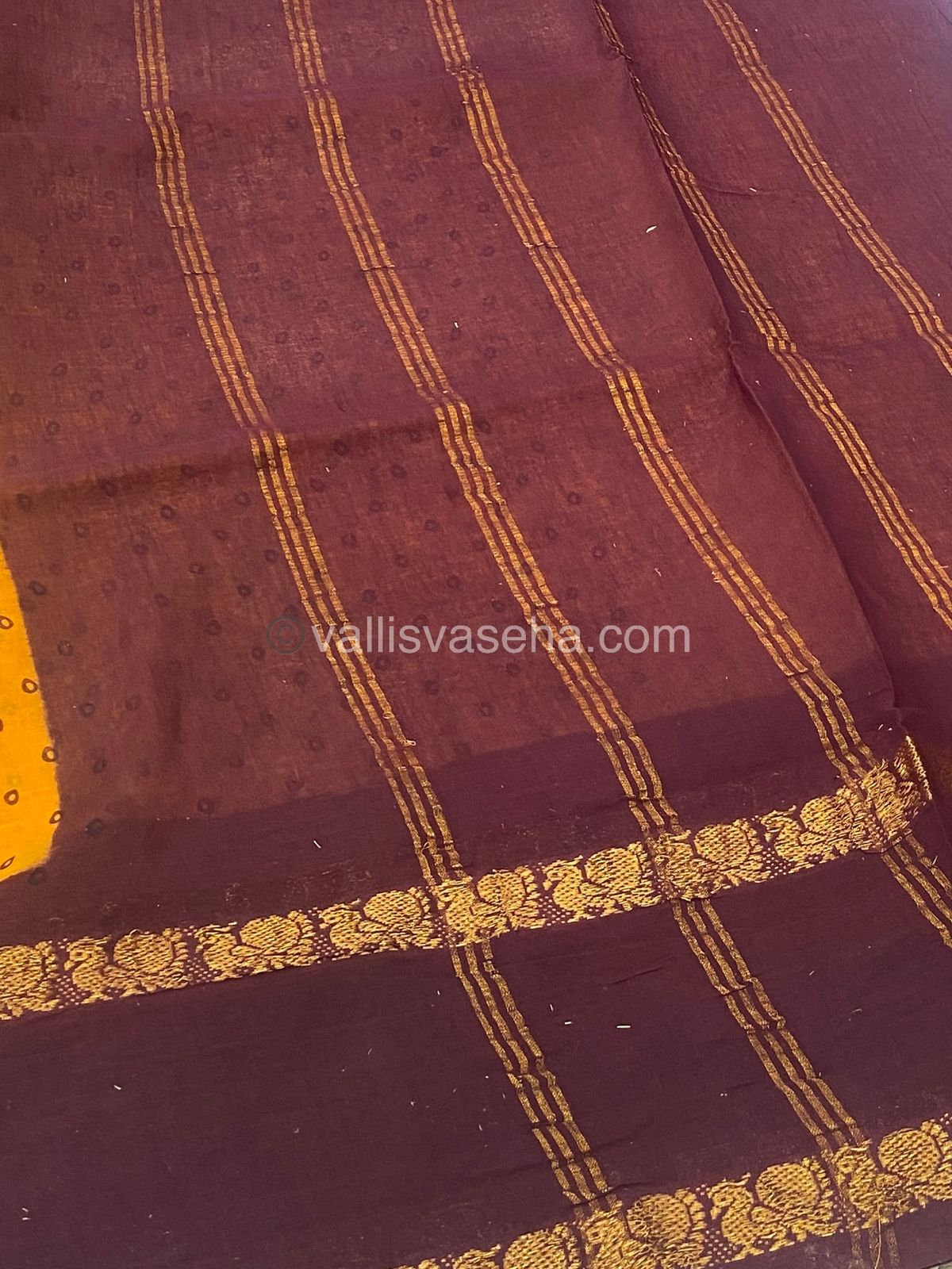 Sungudi Cotton Saree | Bandhini Design - Mango Yellow with Brown Shade - VVSCV003
