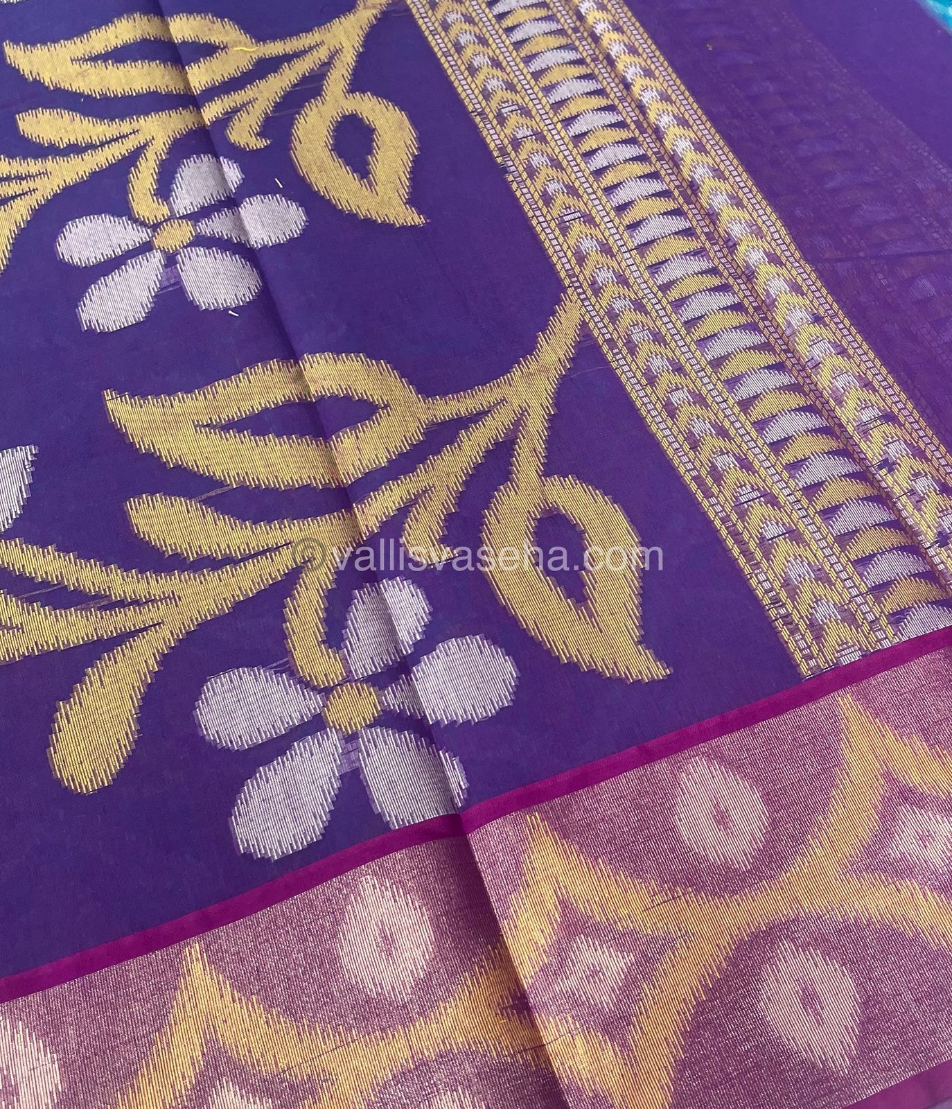 Banarasi Pochampally Weaving Semi Soft Cotton Saree - Light blue with purple - VVBPS001