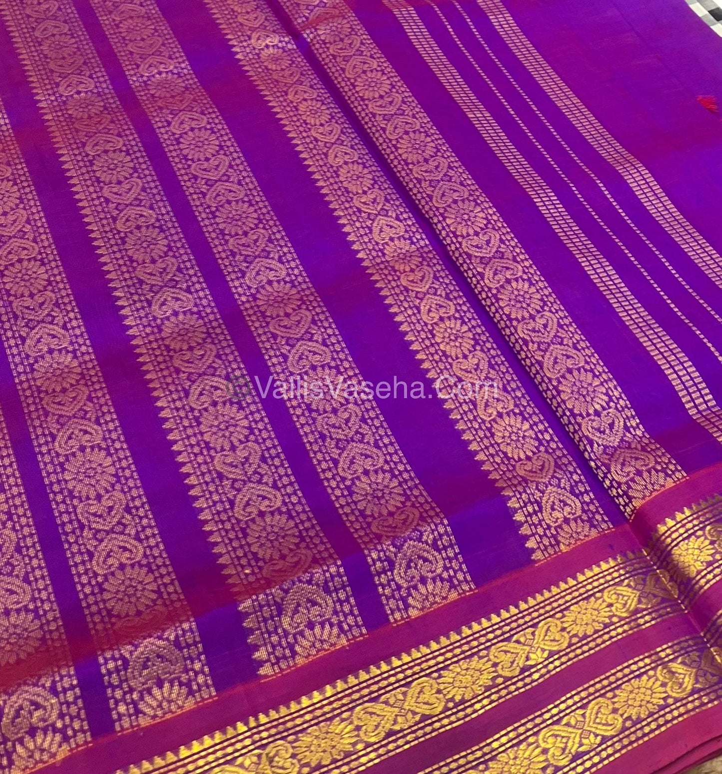 Pure Korvai Silk Cotton With Retta Petta Border -Black & White kattam pattern with Purple Combo - VVKSC003