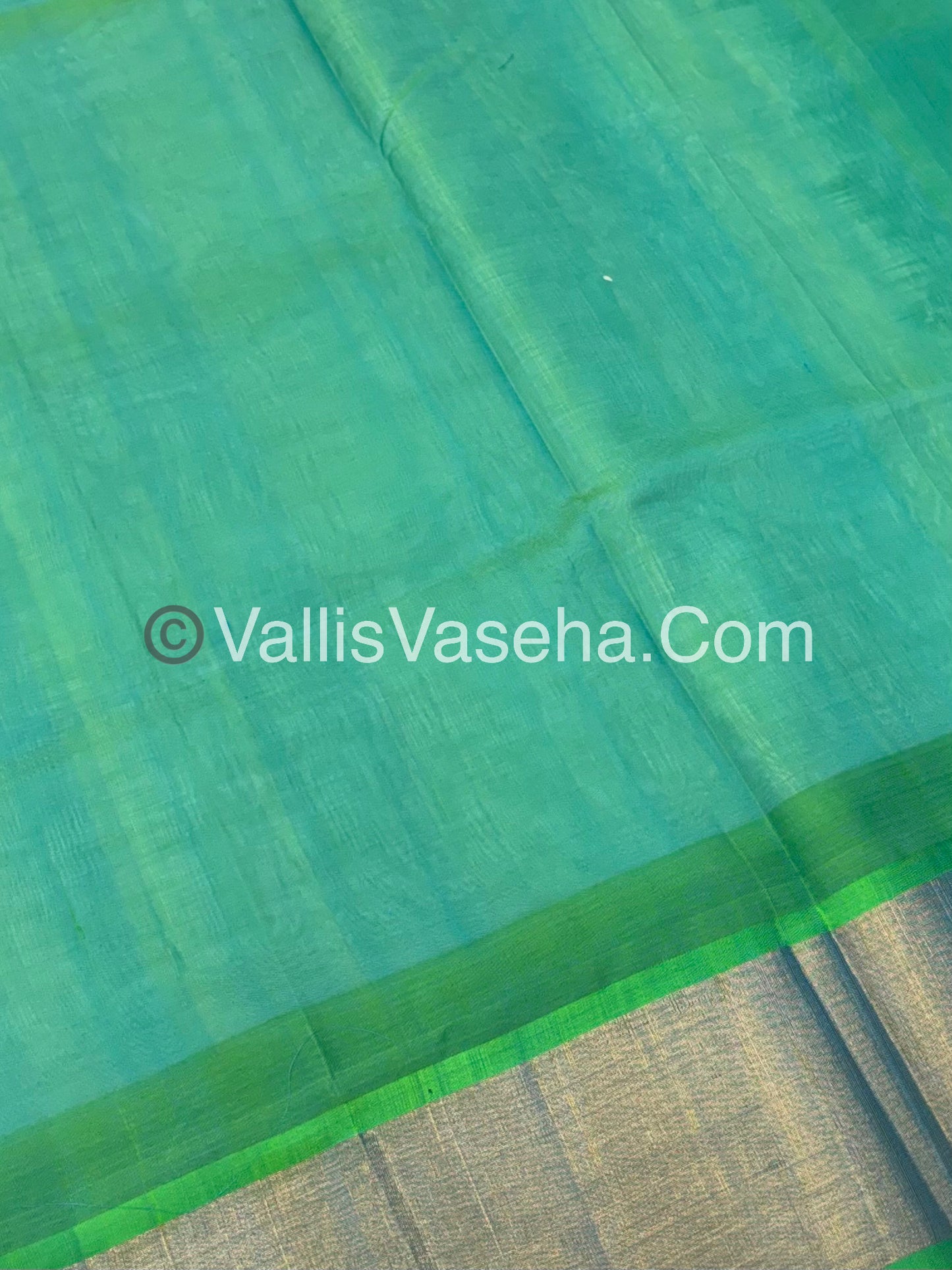 Pure Korvai Silk Cotton Saree - Half white with Turquoise Greenish Blue Combo - Temple border - VVKSC001