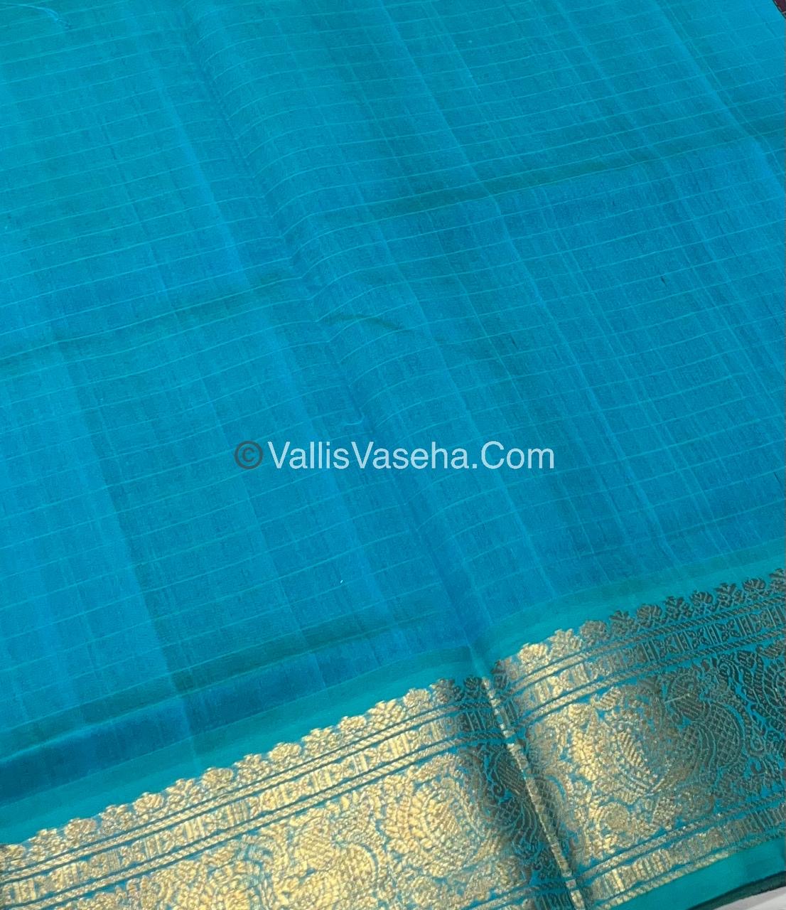 Pure Silk Cotton Saree - Maroonish Brown With Blue Shade - Lakshadeepam Design - VVPLD001