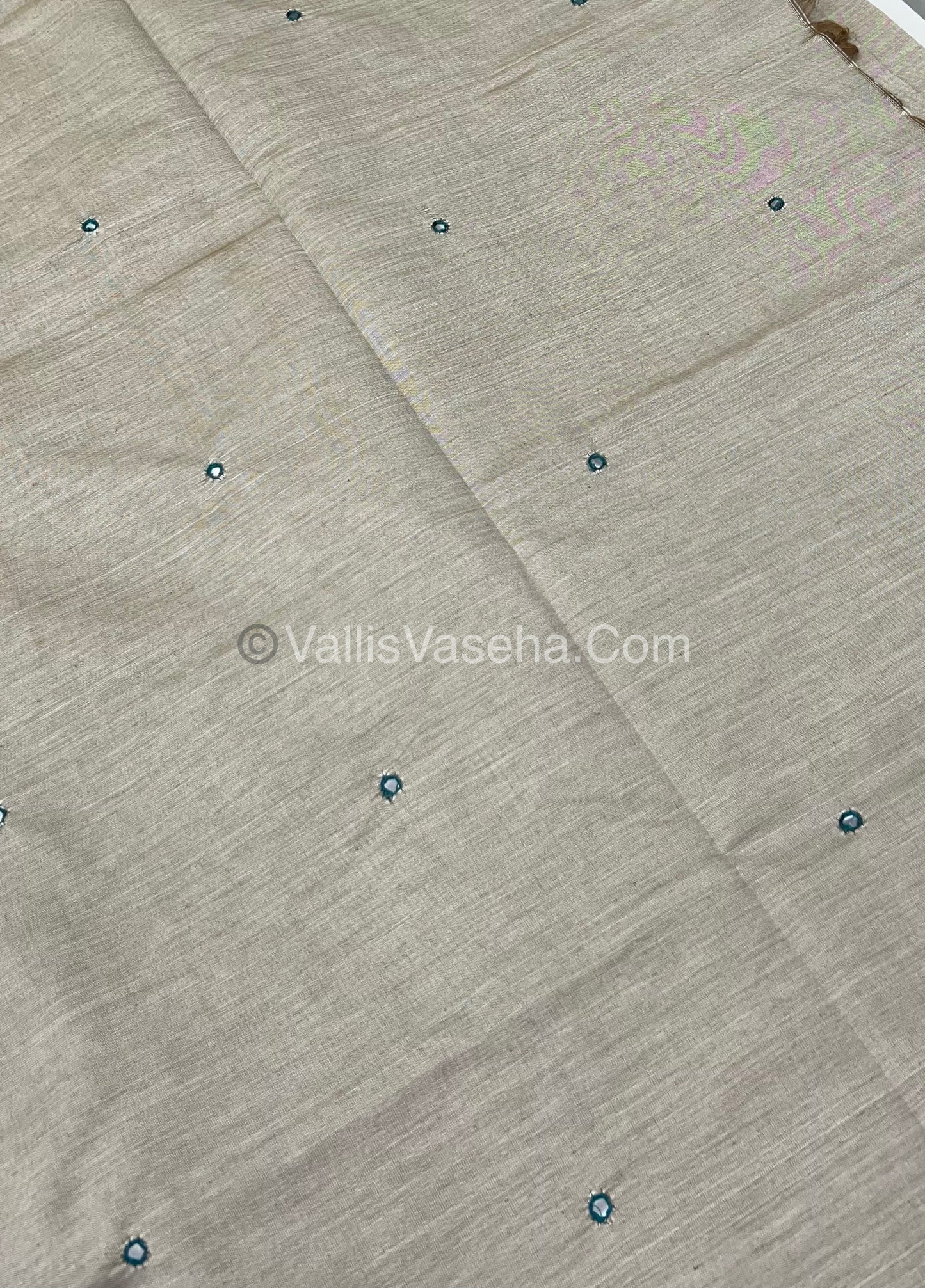 South Mixed Cotton - Mirror Work Embroidery - Creamish Grey With Green - VVPCM002