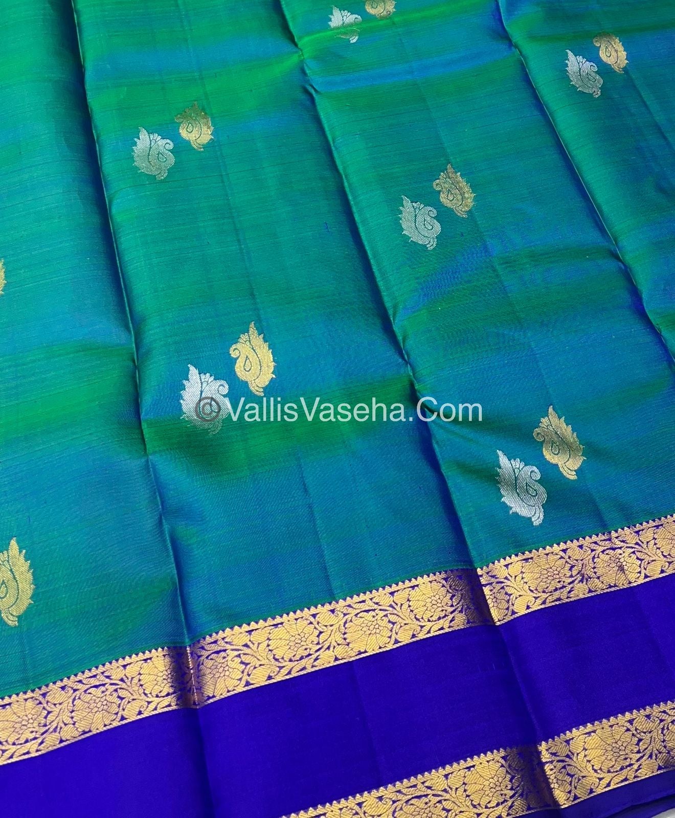 Pure Kanchipuram Silk Saree - Double Tone Peacock Bluish green with Blue Shade - VVPS014