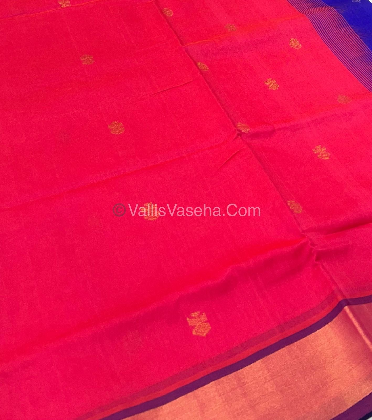 Semi Silk Cotton Saree - Peachish Pink & Blue Combo - VVSSC001