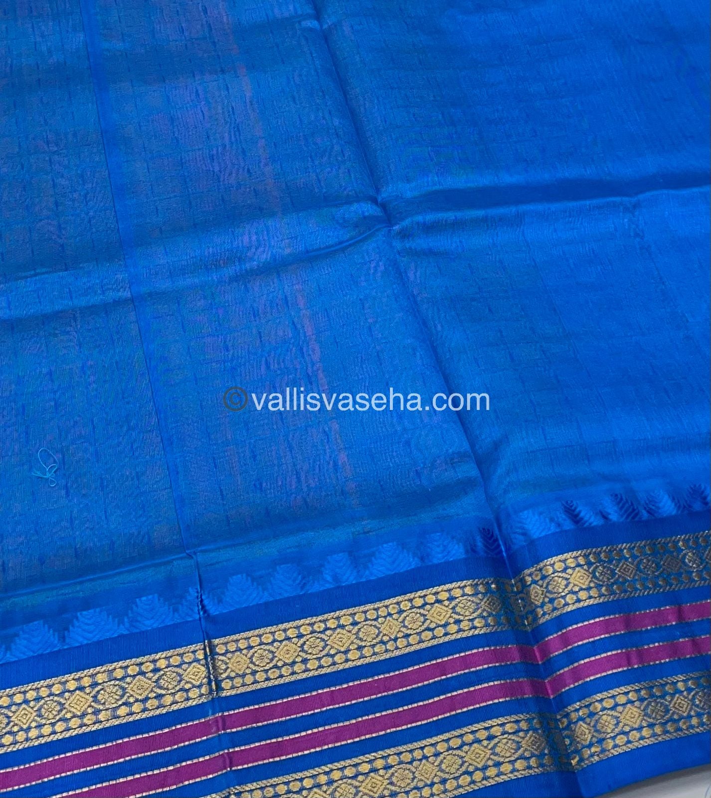 Pure Korvai Silk Cotton - Peach with Blue - VVKSC012