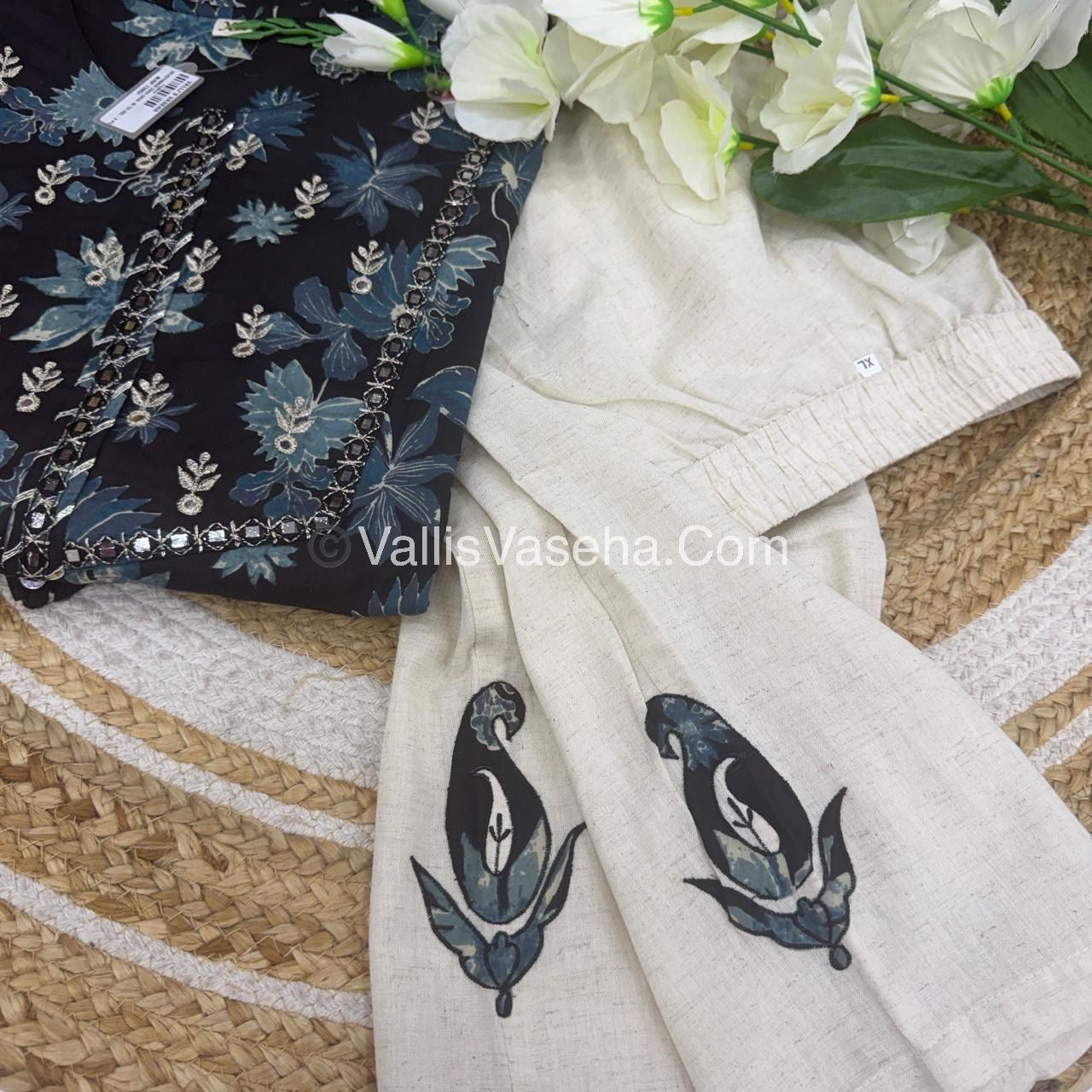 Salwar & Kameez(2pc) Set - Black kurti & Khadi Cotton Bottom with Applique work - VVCS002